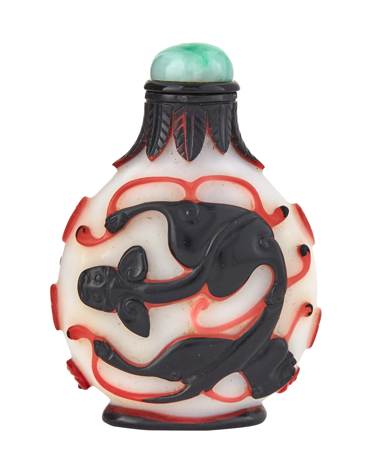 Lot image - Chinese Red and Black Overlay White Glass Snuff Bottle