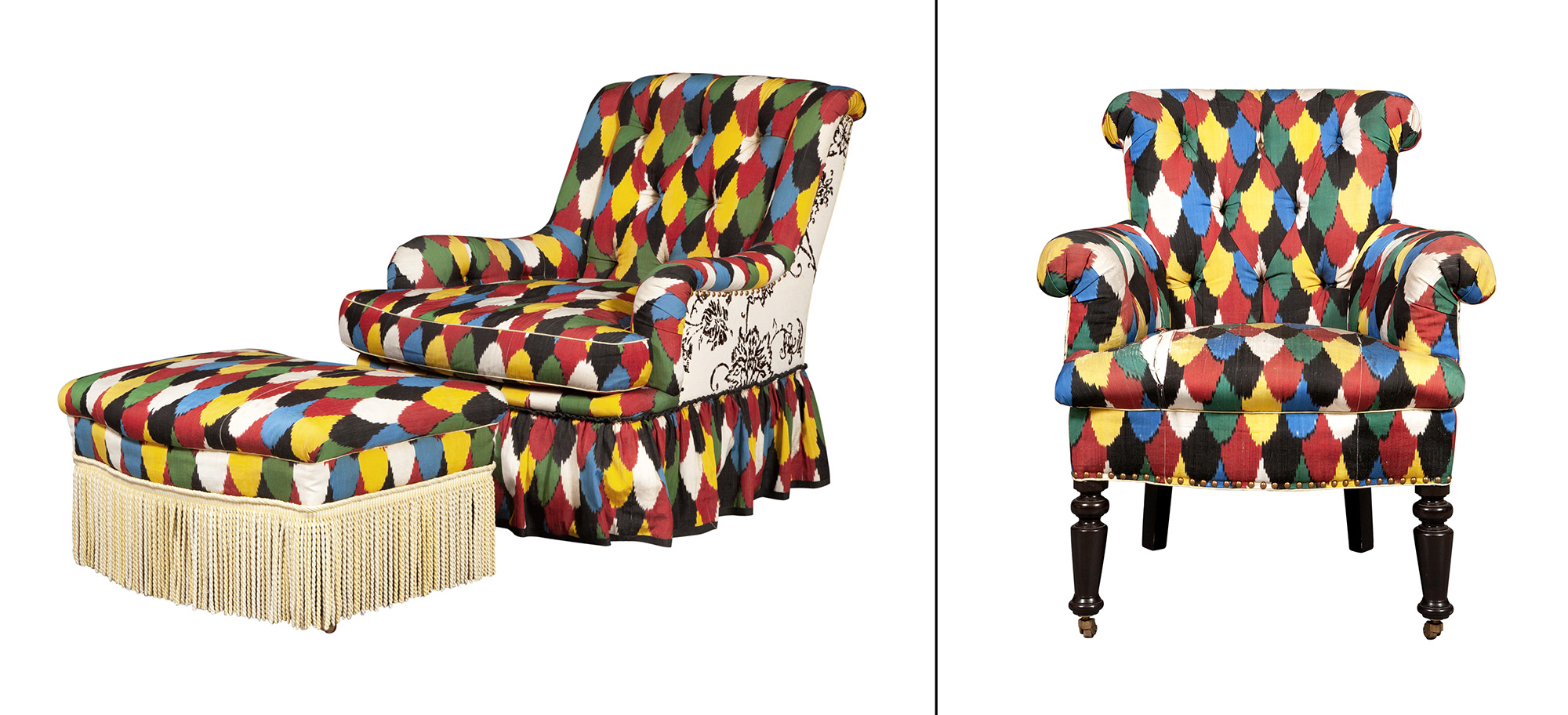 Lot image - Two Button-Tufted Upholstered Armchairs and an Ottoman