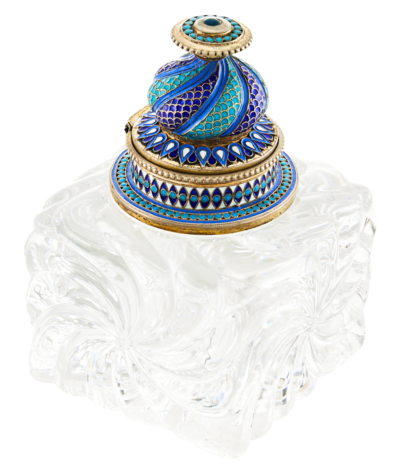 Lot image - Russian Silver-Gilt and Cloisonné Enamel Mounted Glass Inkwell