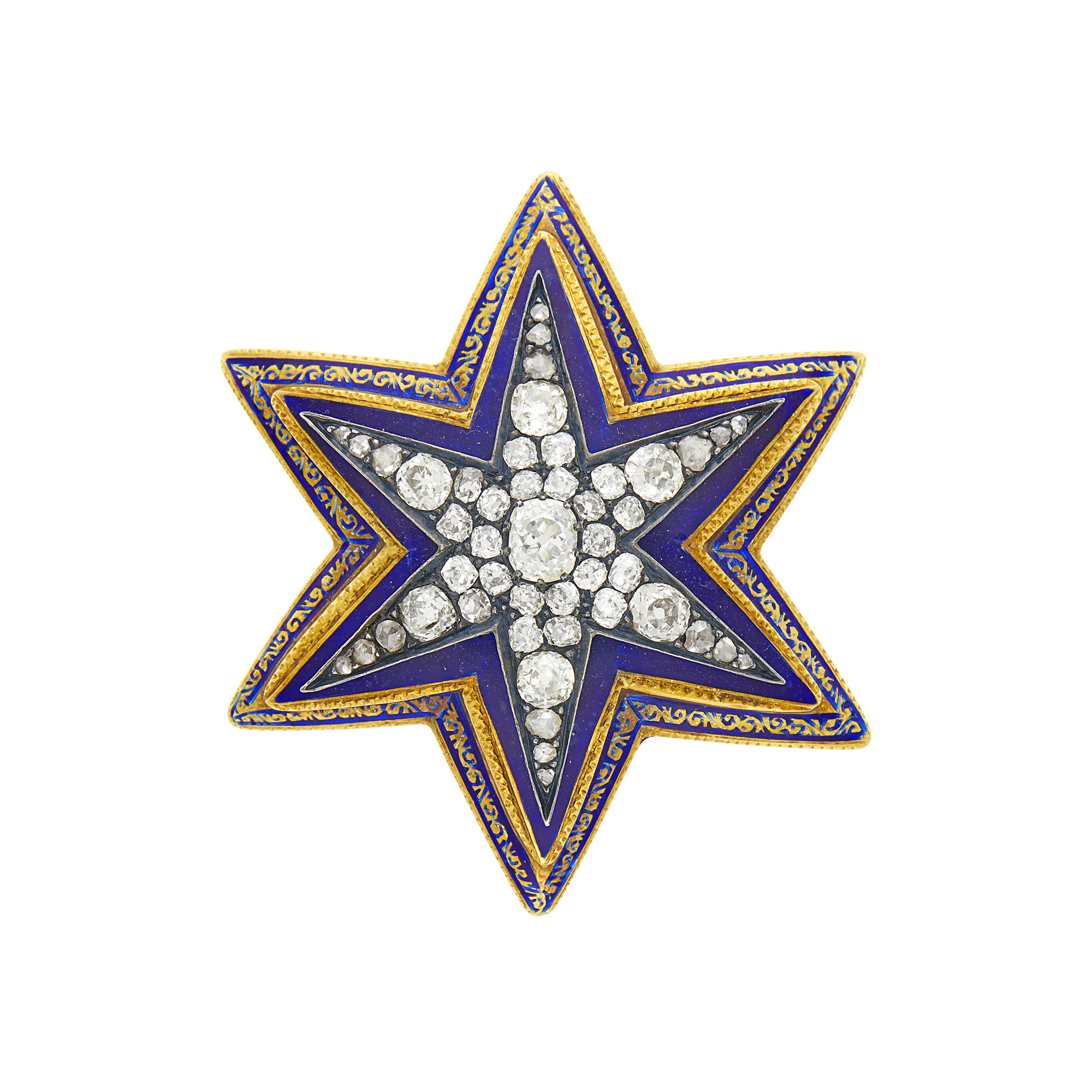 Lot image - Antique Gold, Silver, Blue Enamel and Diamond Pendant-Brooch