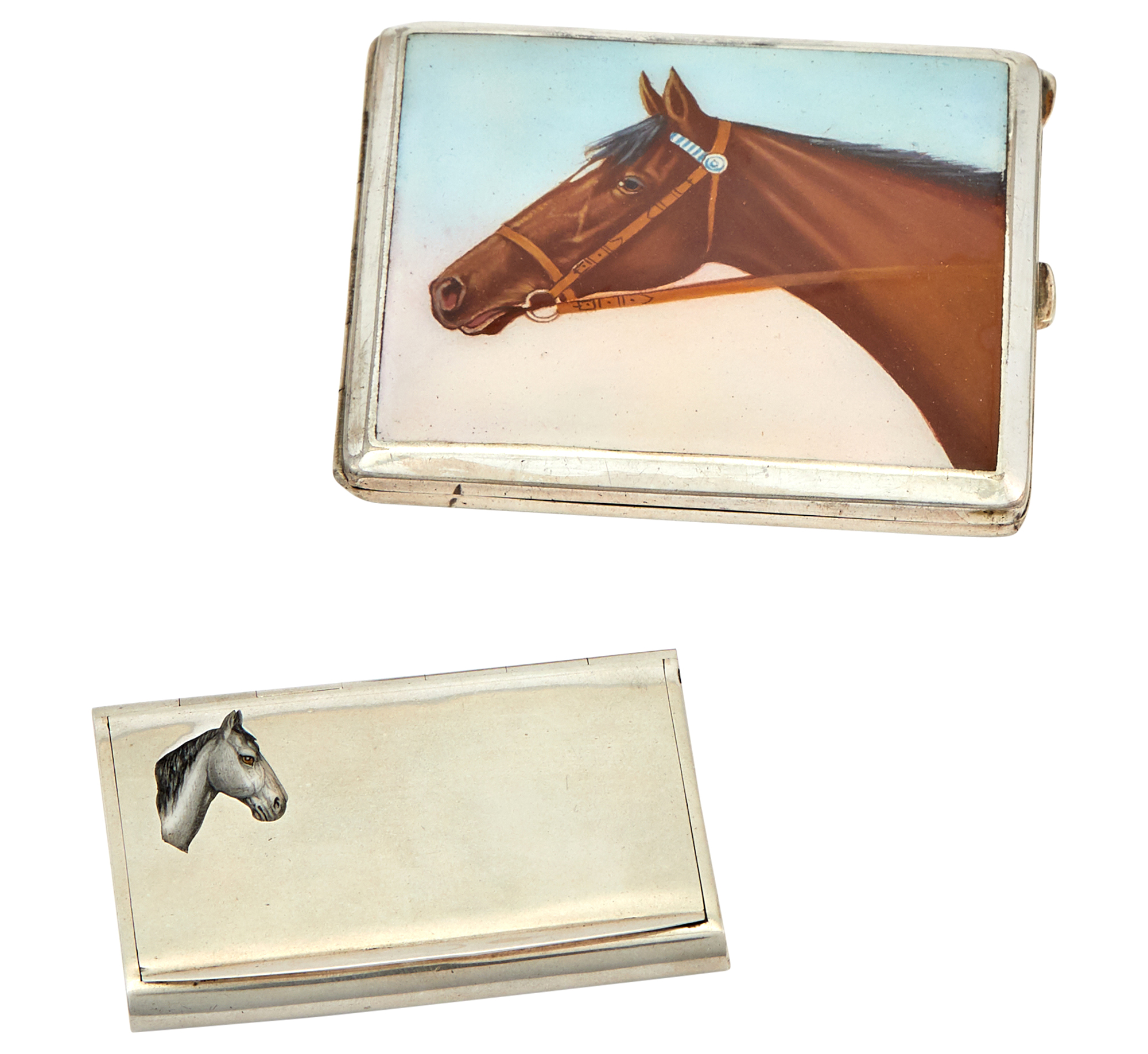 Lot image - Continental Silver and Enamel Equestrian Theme Cigarette Case