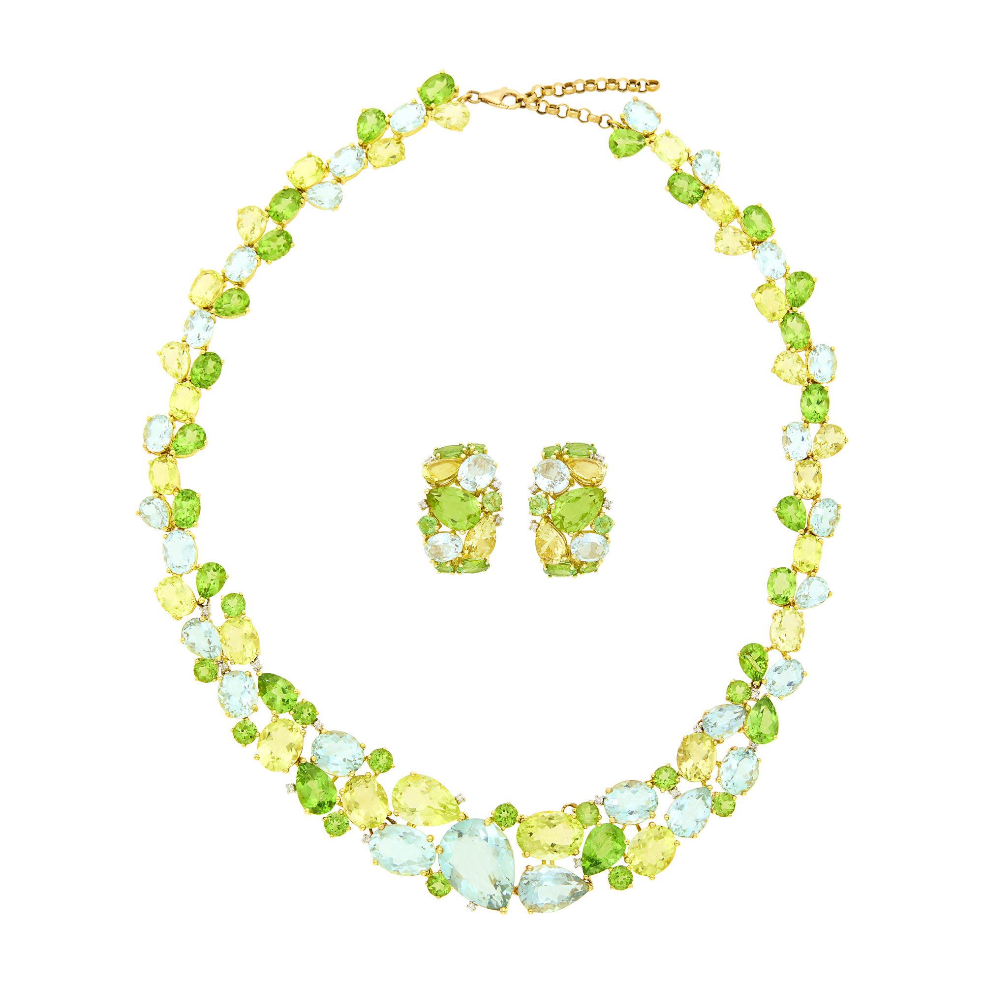 Lot image - Gold and Colored Stone Necklace and Pair of Bombé Earrings