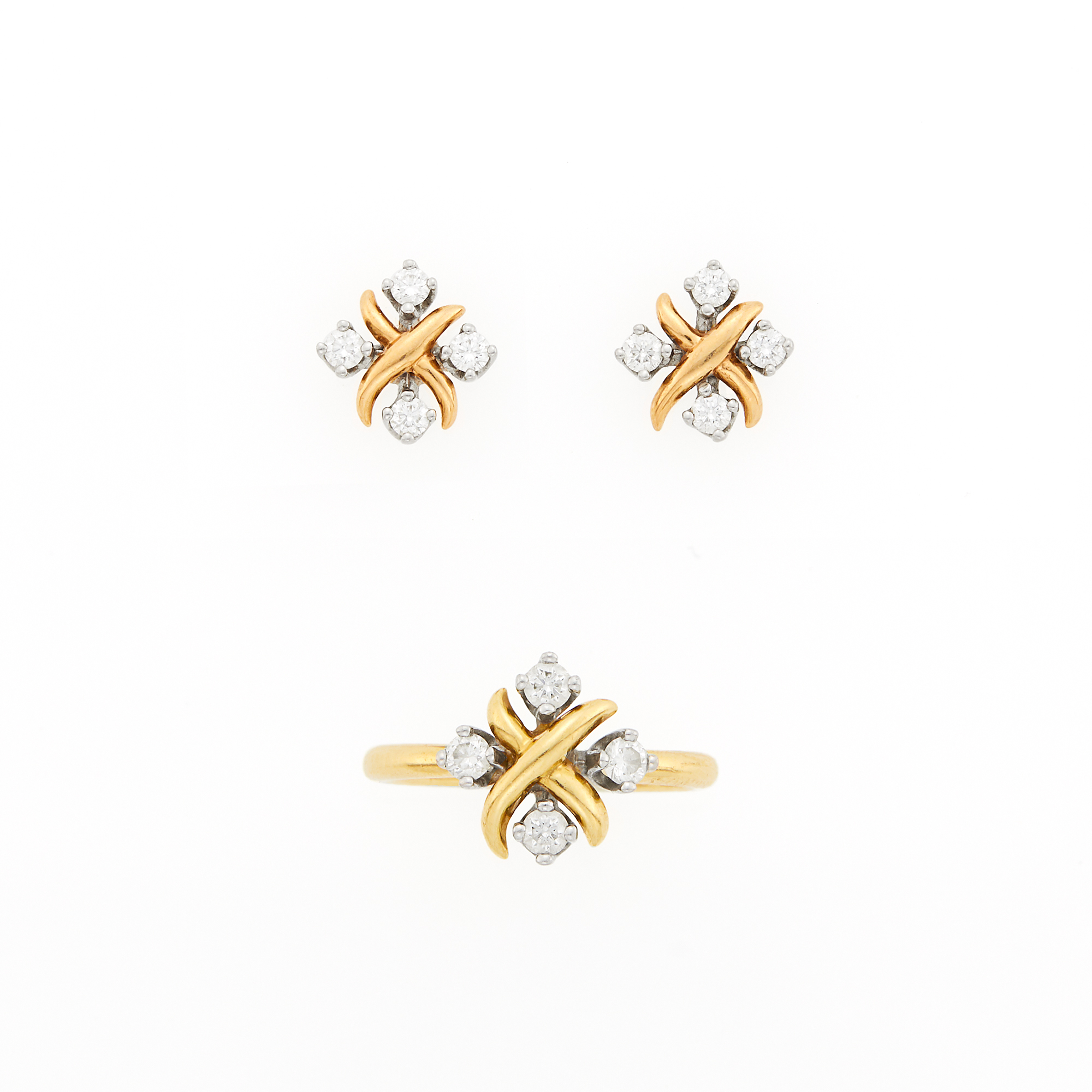 Lot image - Tiffany & Co., Schlumberger Pair of Platinum, Gold and Diamond Earrings and Ring