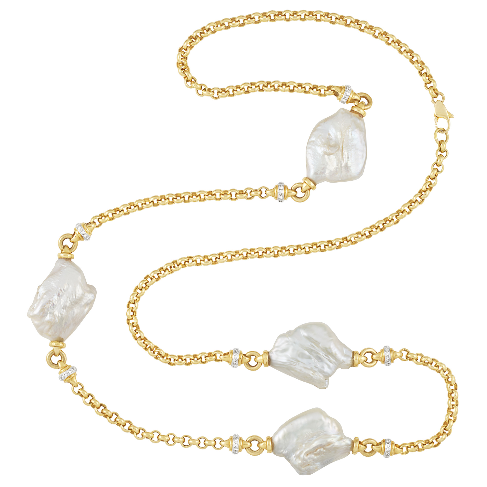 Lot image - Gold, Baroque Freshwater Pearl and Diamond Chain Necklace