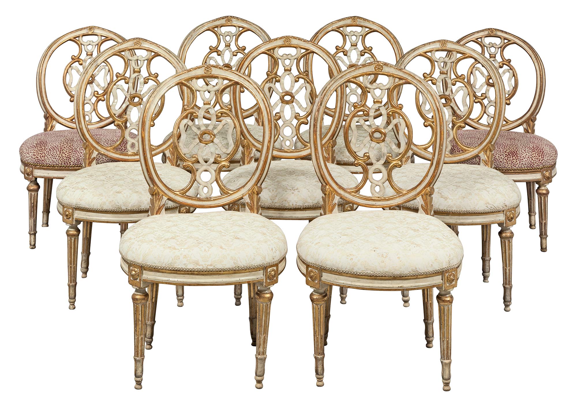 Lot image - Assembled Set of Nine Italian Neoclassical Painted and Parcel-Gilt Side Chairs