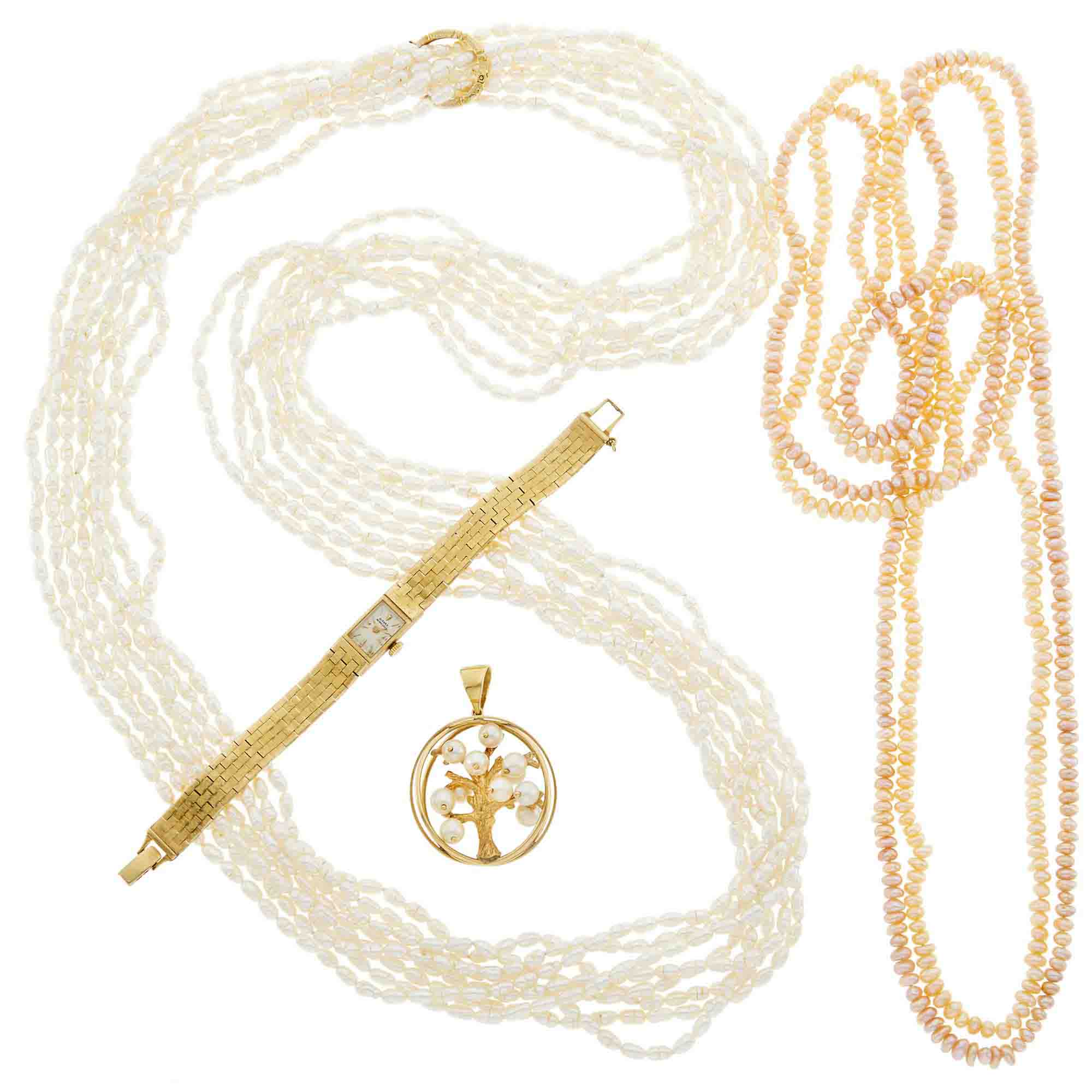 Lot image - Girard Perregaux Gold Wristwatch, Gold and Cultured Pearl Pendant and Three Freshwater Pearl Necklaces