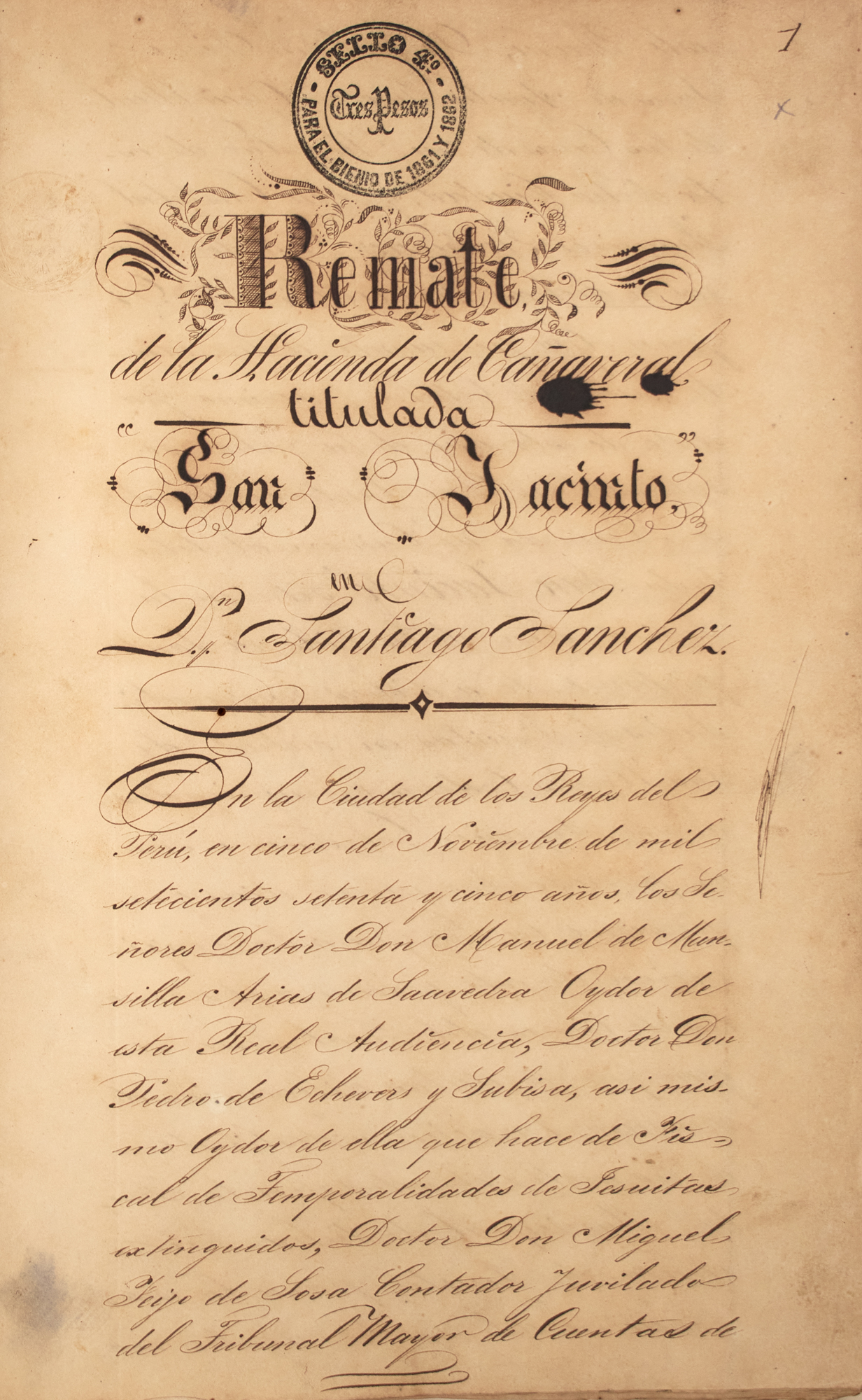 Lot image - [MANUSCRIPT]  Remate de la Hacienda de Cañaveral titulade San Jacinto en Don Santiago Sanchez.