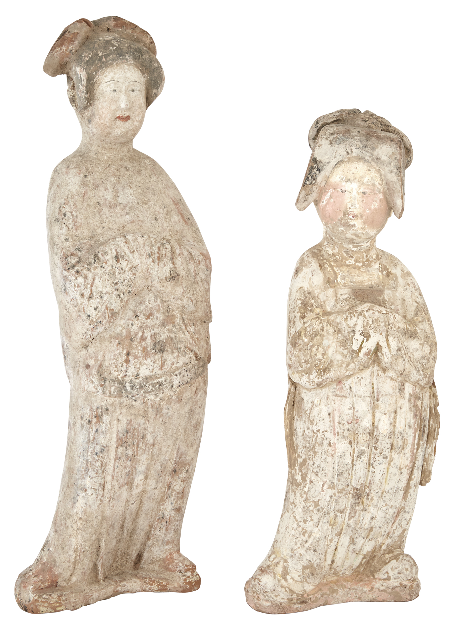 Lot image - Two Chinese Painted Pottery Court Ladies