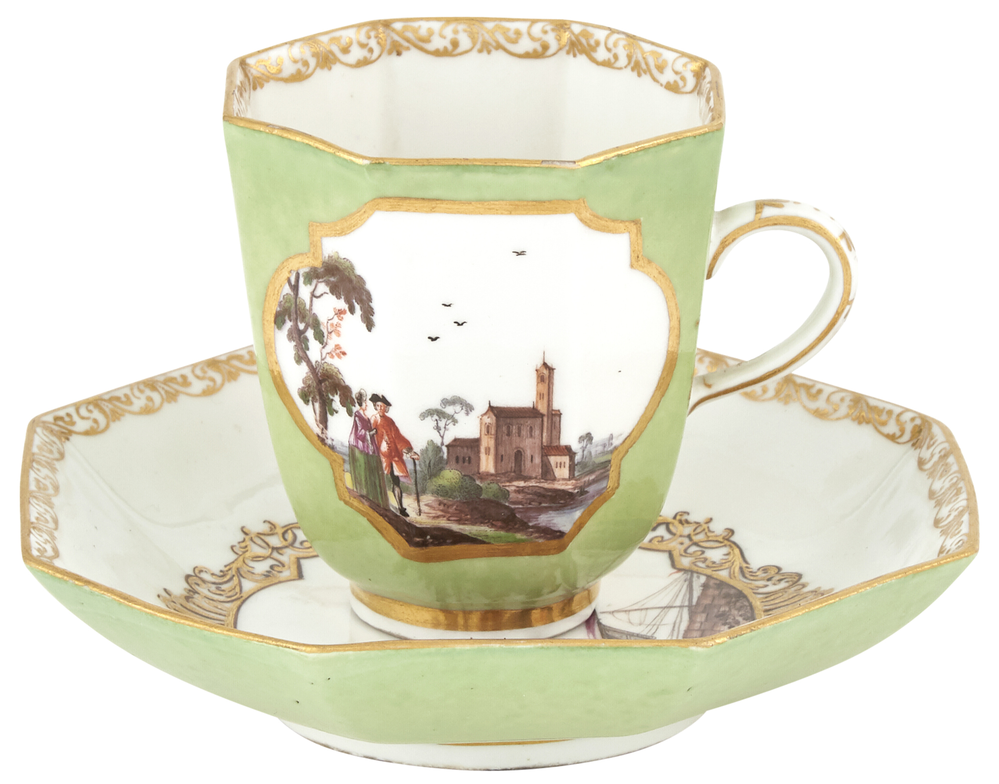 Lot image - Meissen Porcelain Lime Green Ground Octagonal Cup and Saucer