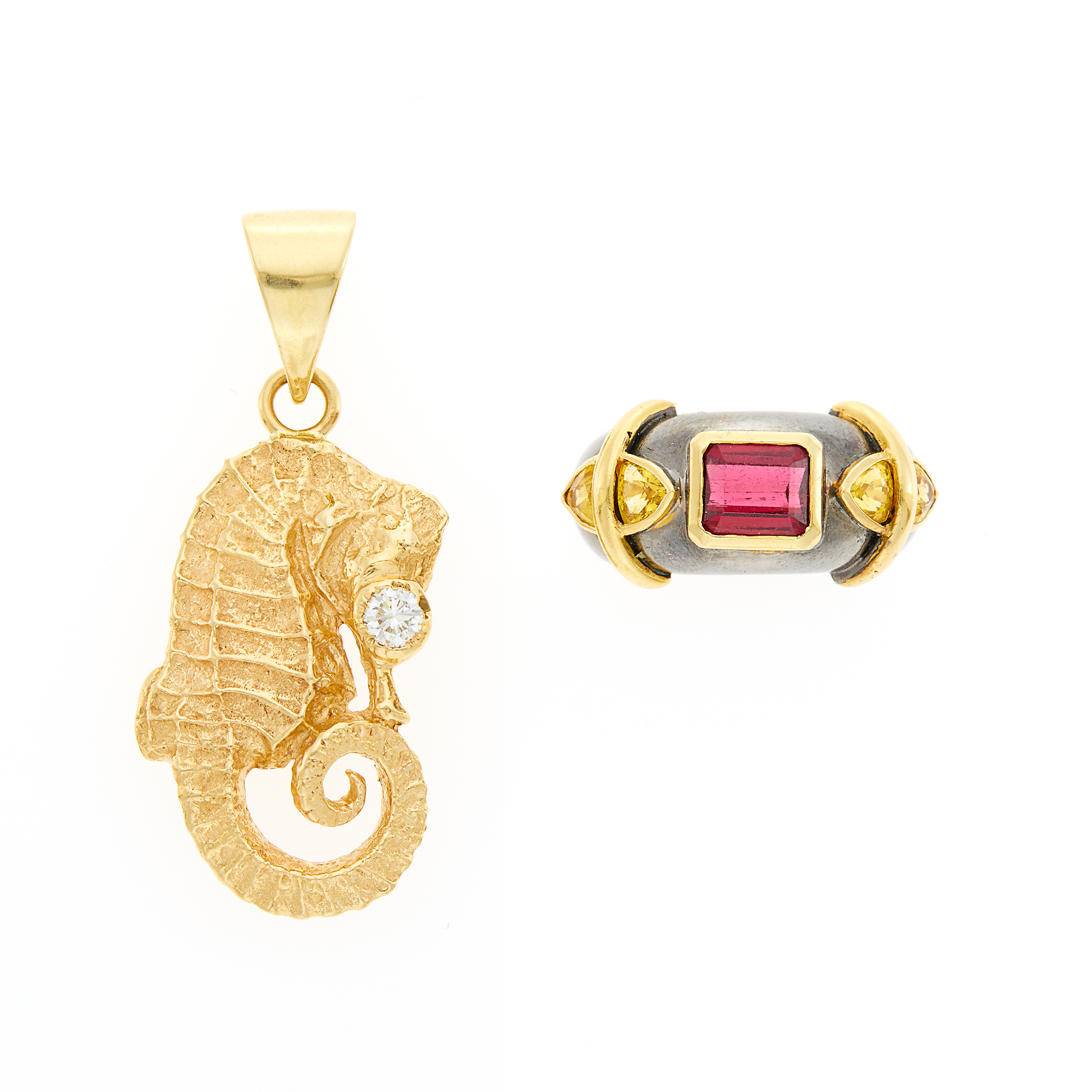 Lot image - Two-Color Gold and Gem-Set Ring, France, and Gold and Diamond Seahorse Pendant