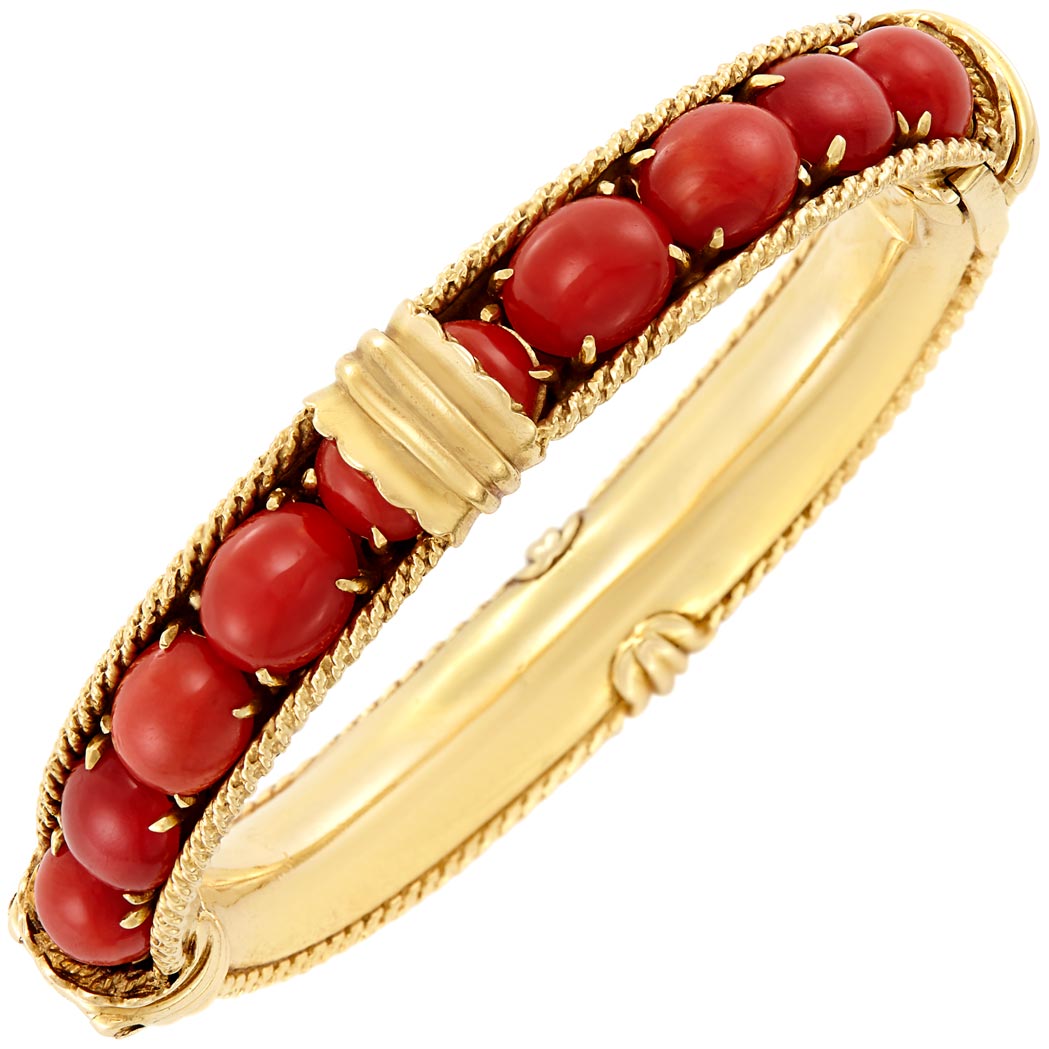 Lot image - Gold and Coral Bangle Bracelet, David Webb