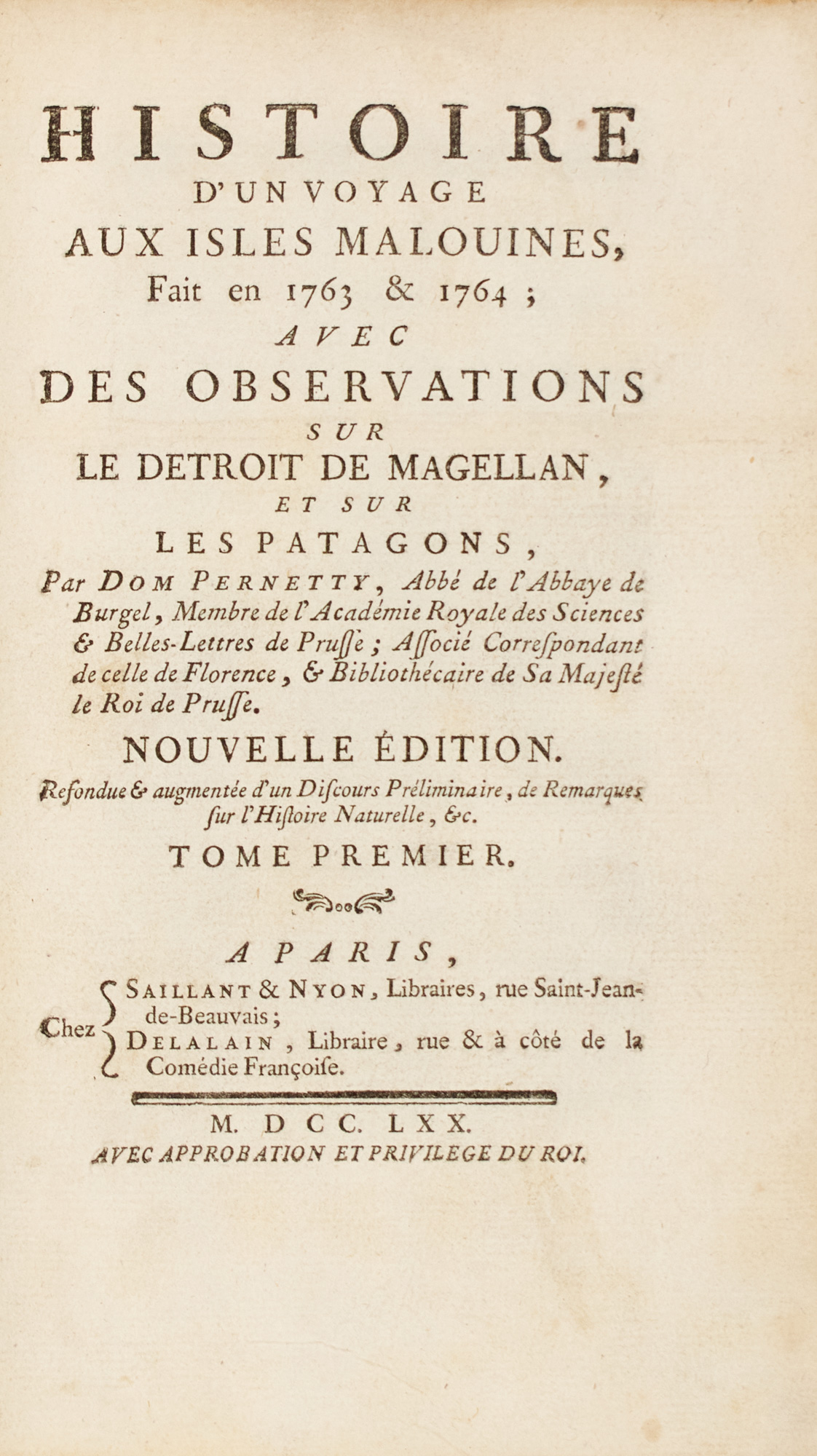 Lot image - [FALKLAND ISLANDS]  PERNETTY, ANTOINNE JOSEPH. Histoire dun Voyage aux Isles Malouines, fait en 1763 & 1764...