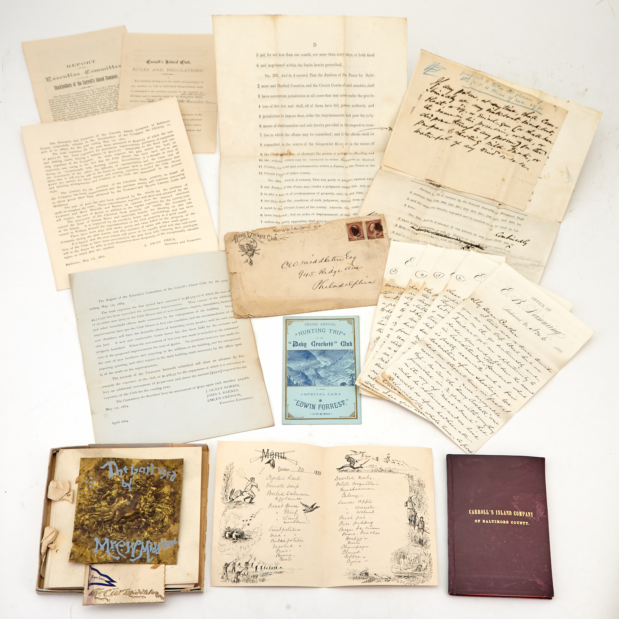 Lot image - [CARROLLS ISLAND CLUB]  A fine collection of material pertaining to the Carrolls Island Club, Carrolls Island, Baltimore County, Maryland and similar private clubs.