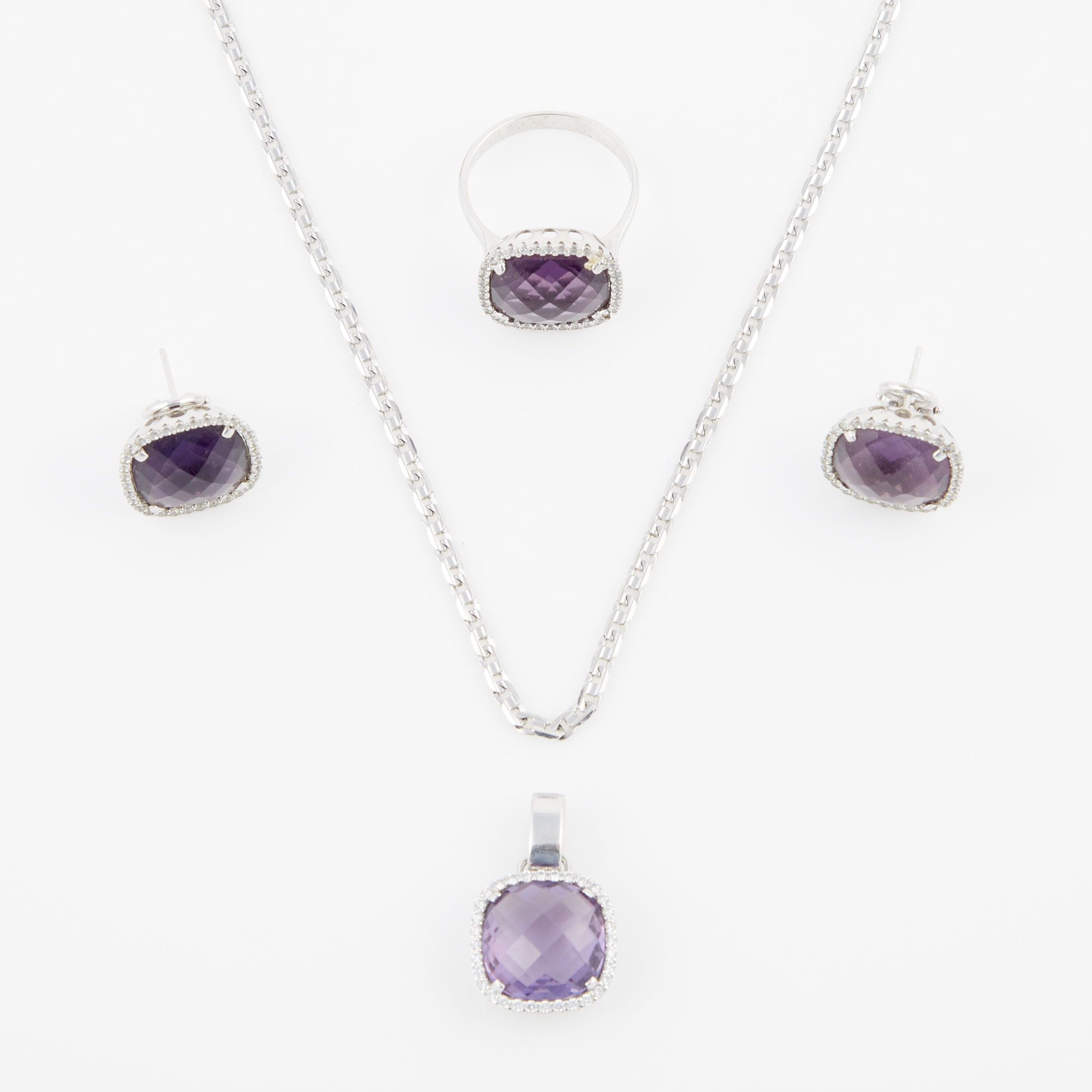 Lot image - Gold and Stone Ring, Two Earrings, Pendant and Neck Chain, 14K 21 dwt. all, stones missing