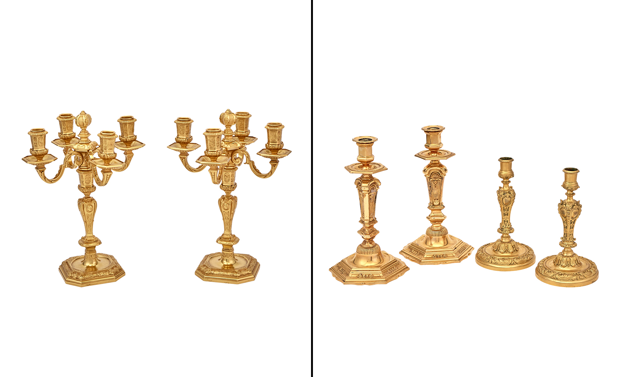 Lot image - Two Pairs of Gilt-Metal Candlesticks, Together with a Pair of Gilt-Bronze Four-Light Candelabra