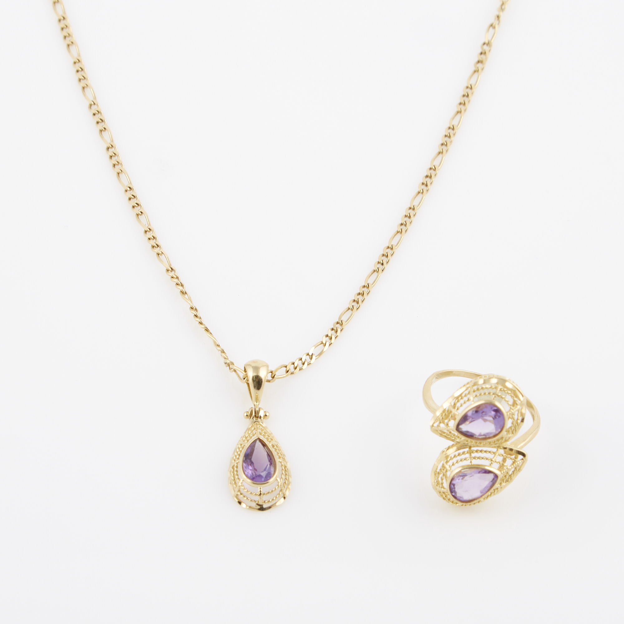 Lot image - Gold and Stone Ring, Pendant and Neck Chain, 18K 9 dwt. all