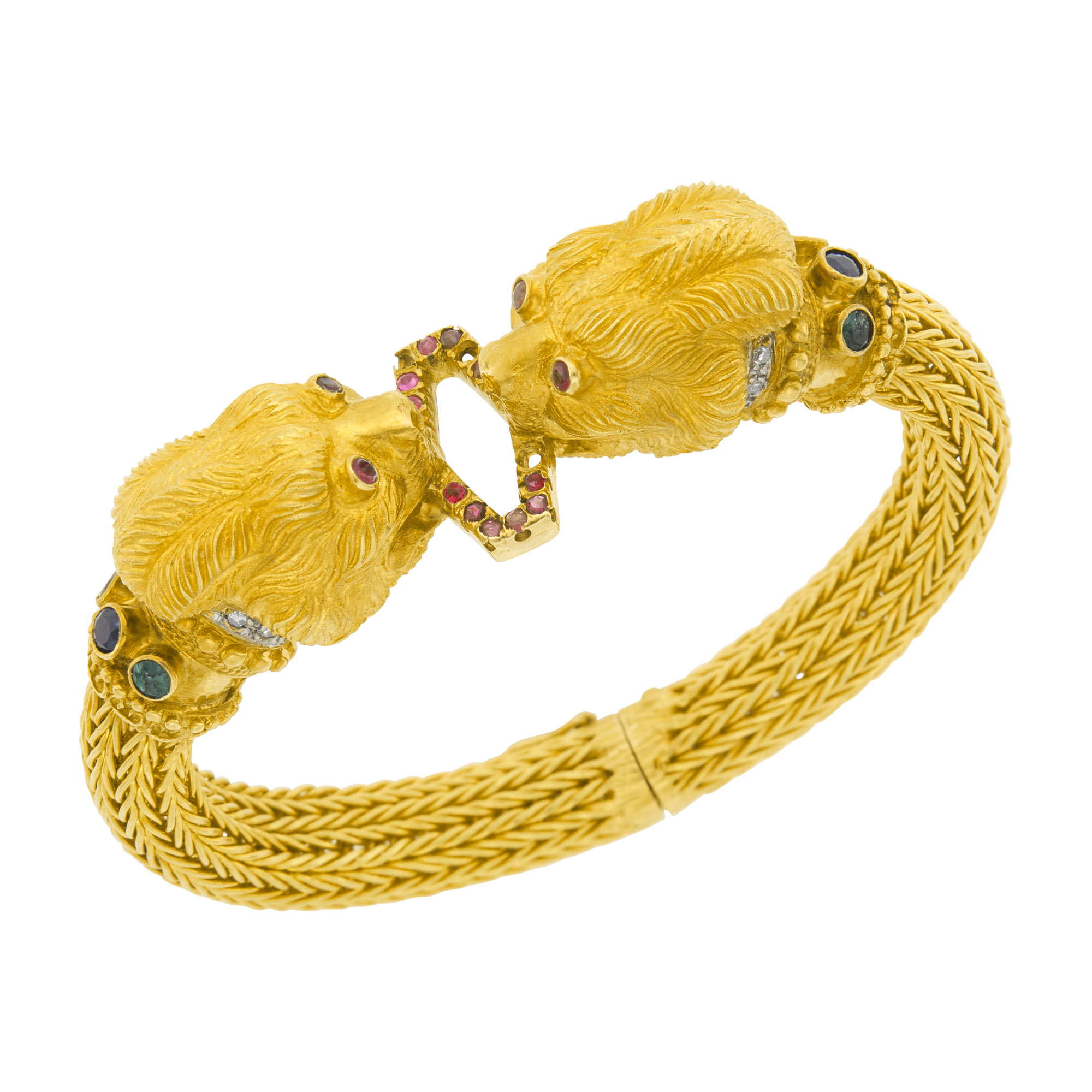 Lot image - Ilias Lalaounis Braided Gold, Gem-Set and Diamond Lions Head Bracelet