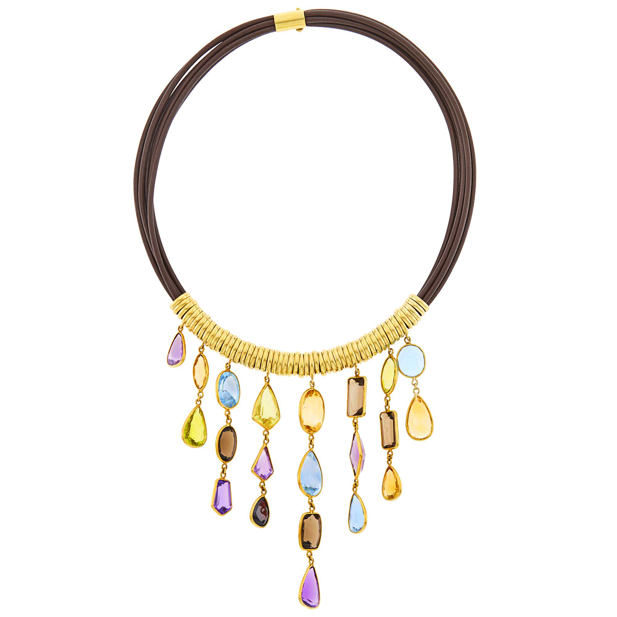 Lot image - H. Stern Six Strand Brown Leather Cord, Gold and Gem-Set Fringe Necklace