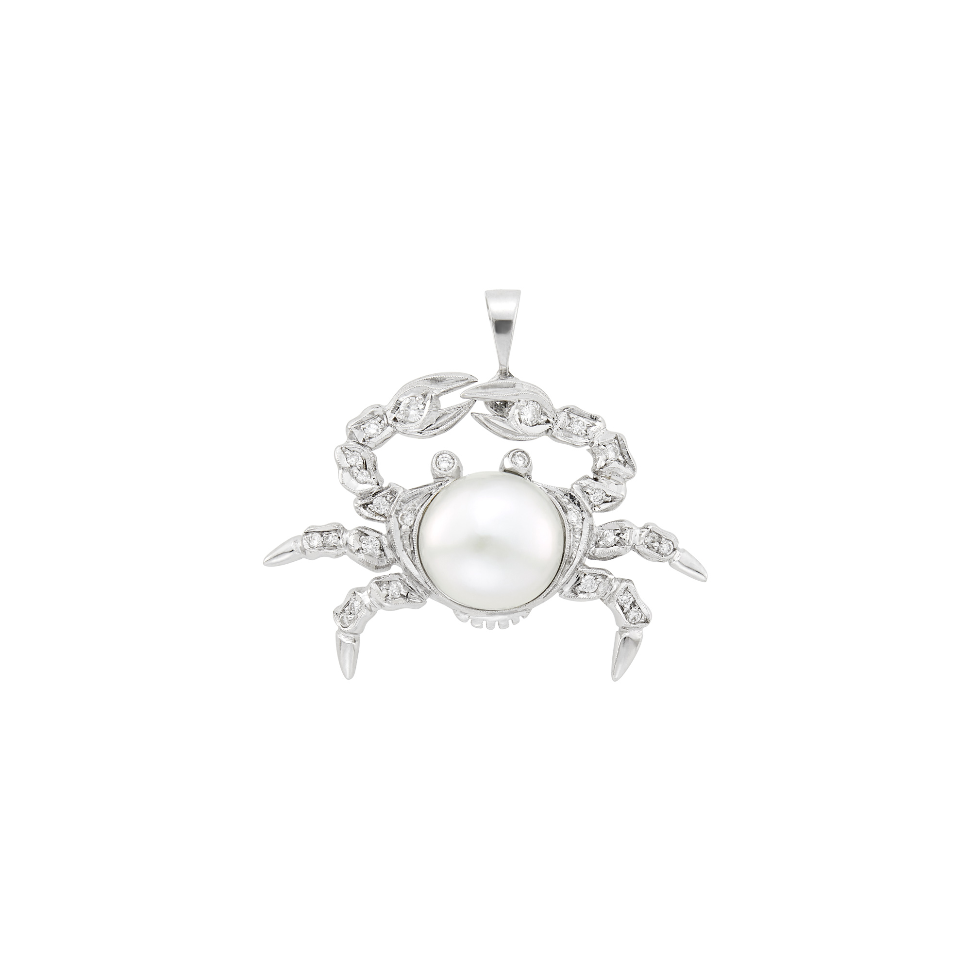 Lot image - White Gold, Cultured Pearl and Diamond Crab Pendant-Brooch