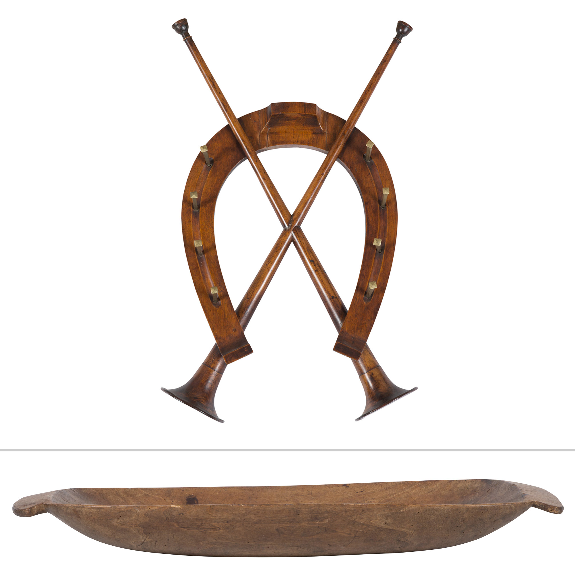 Lot image - English Mahogany Horseshoe and Horn-Form Coat Rack; Together with a Treen Trencher