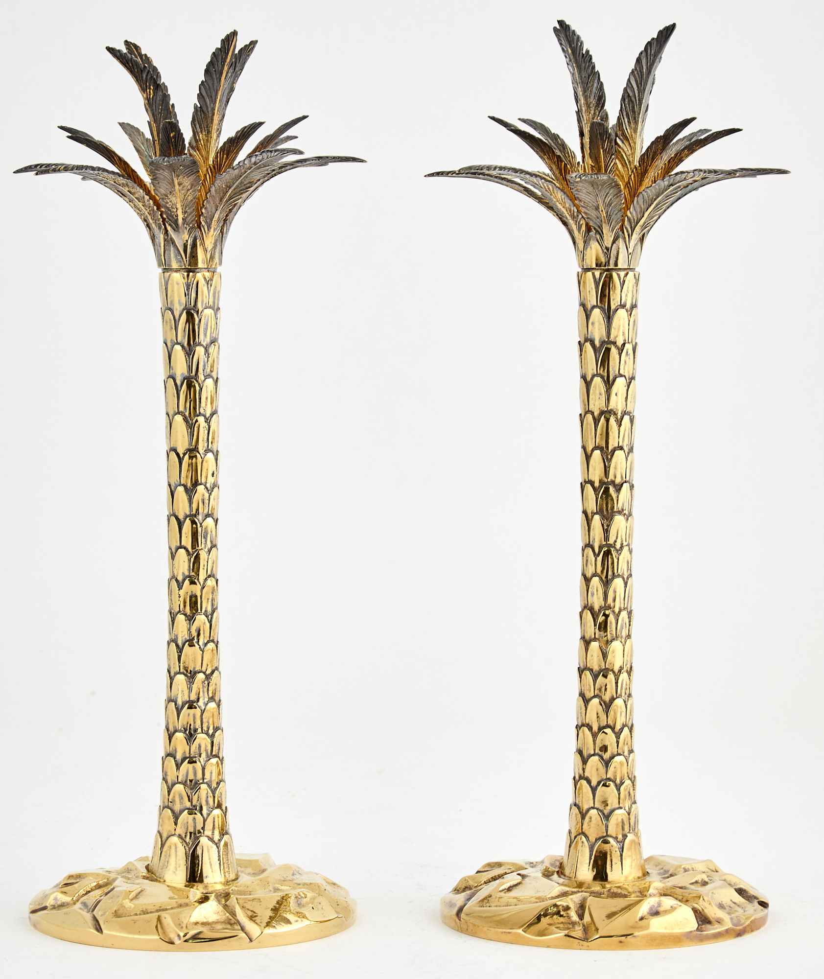 Lot image - Pair of Tiffany Sterling Silver Gilt Palm Tree Candlesticks