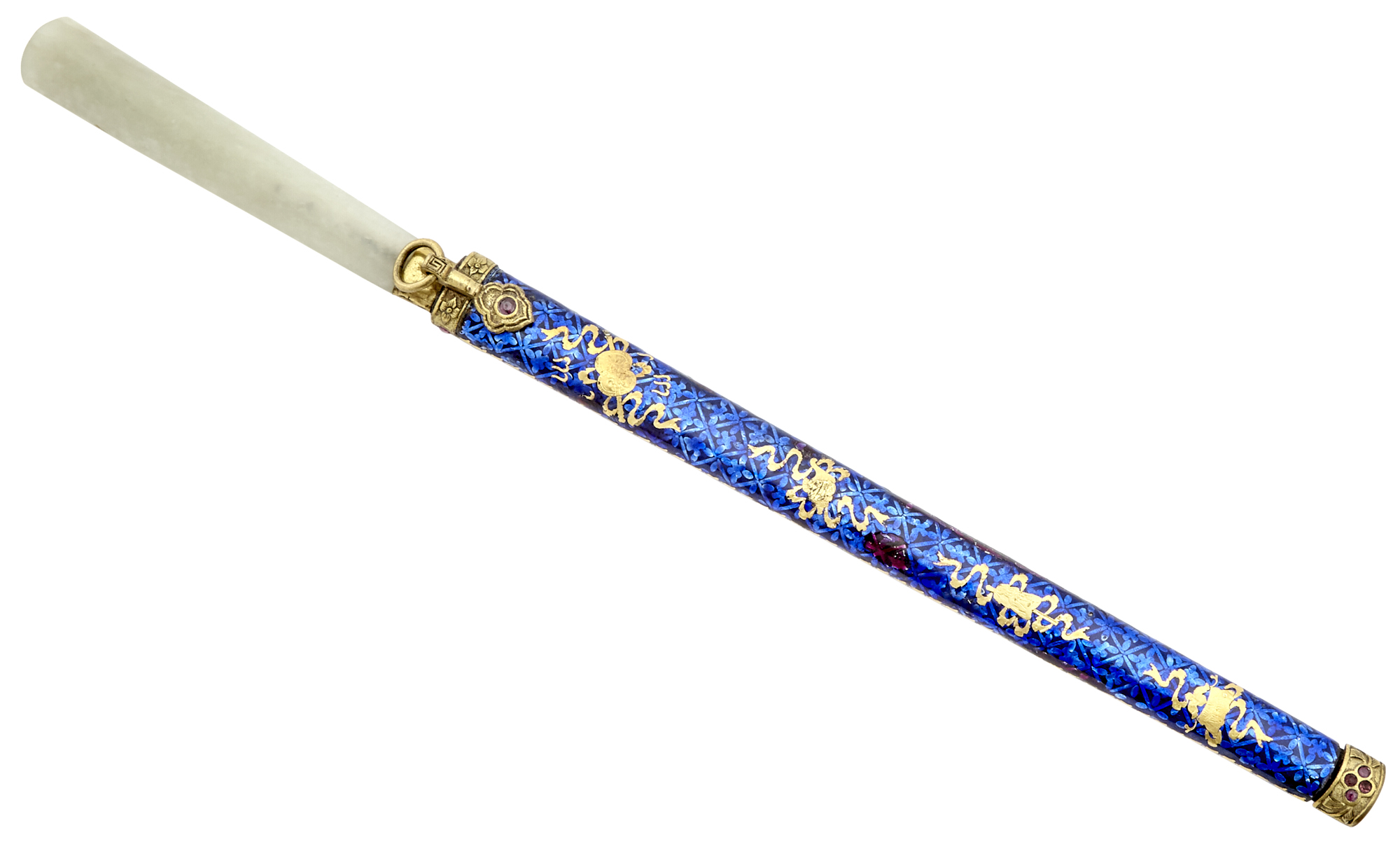 Lot image - A Chinese White Jade and Gilt Enamel Court Knife