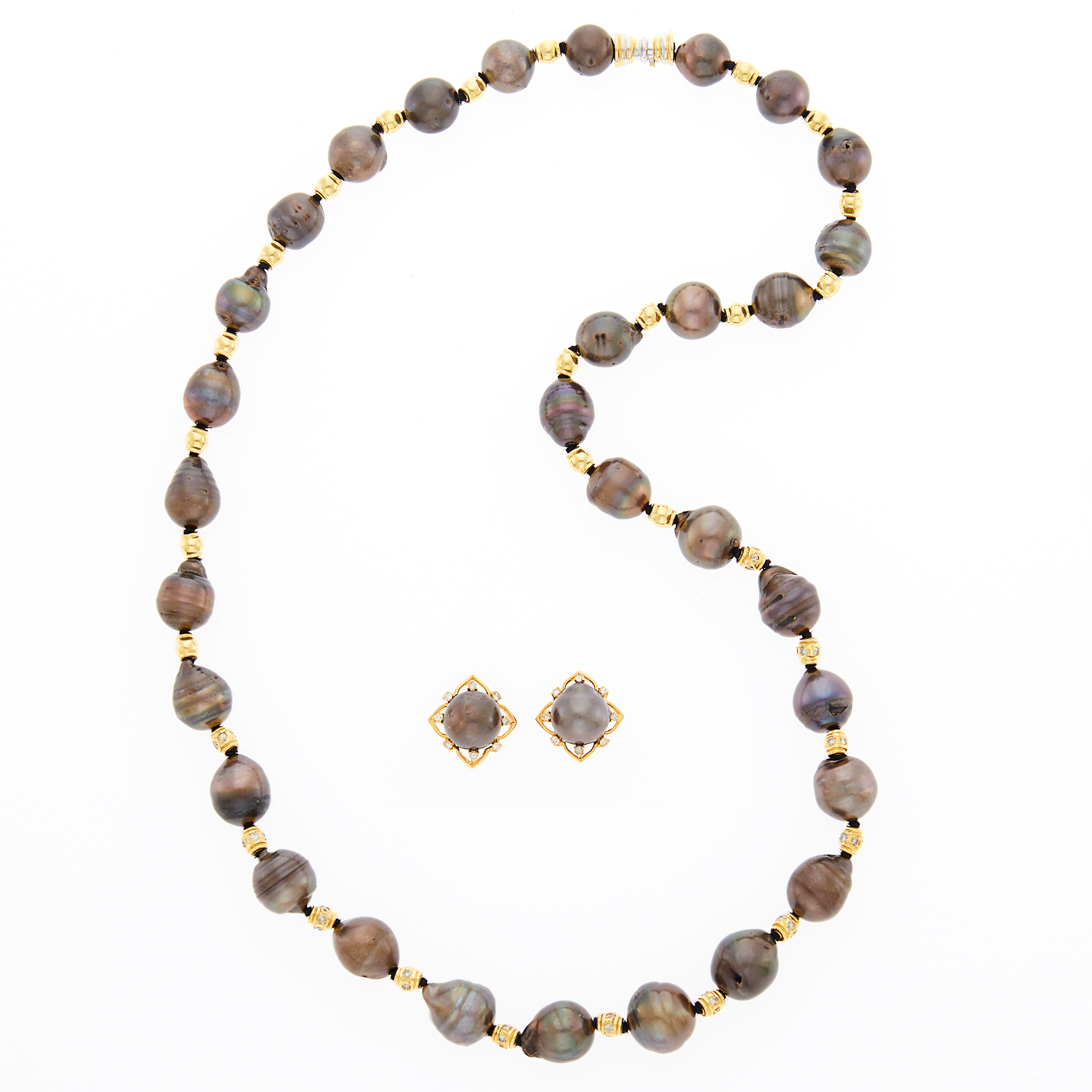 Lot image - Two-Color Gold, Semi-Baroque Dyed Brownish Gray Cultured Pearl and Diamond Necklace and Pair of Earrings