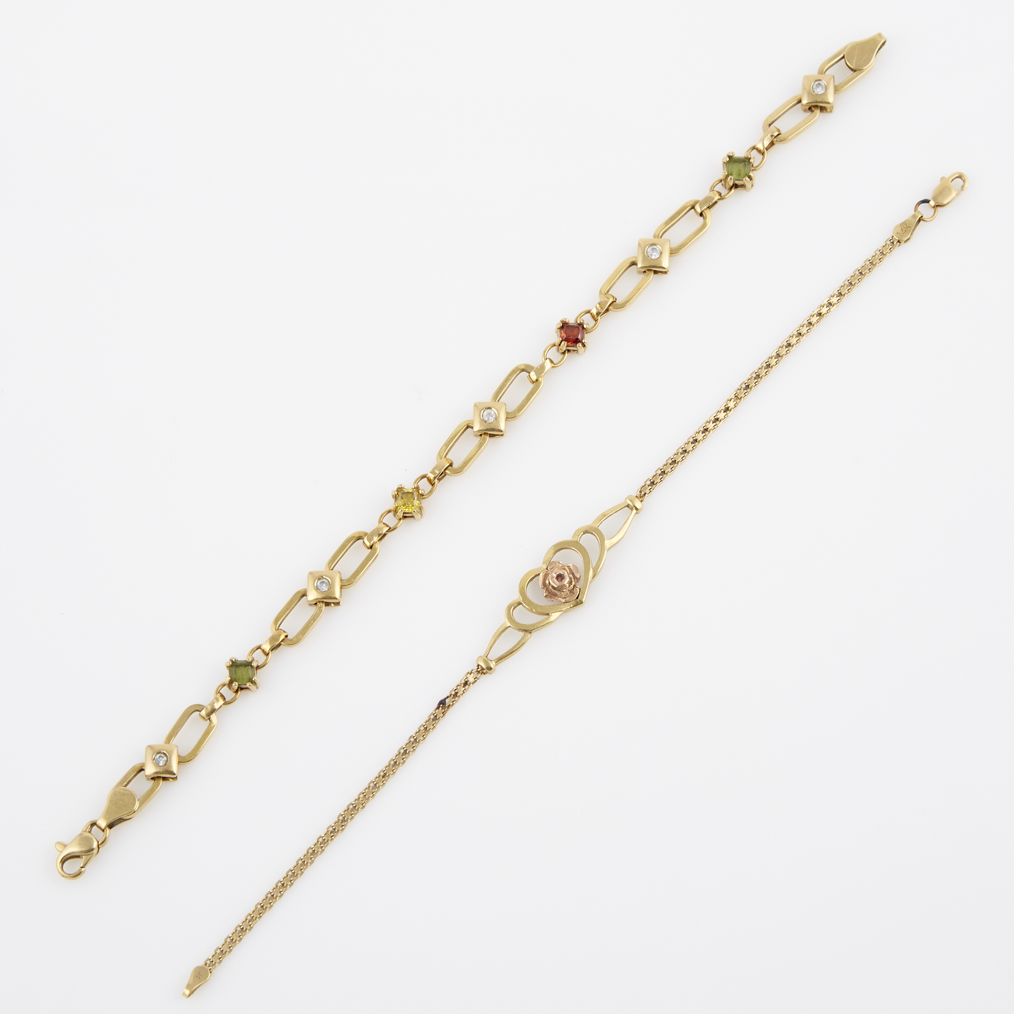 Lot image - Two Gold and Stone Flexible Bracelets, 14K 8 dwt. all