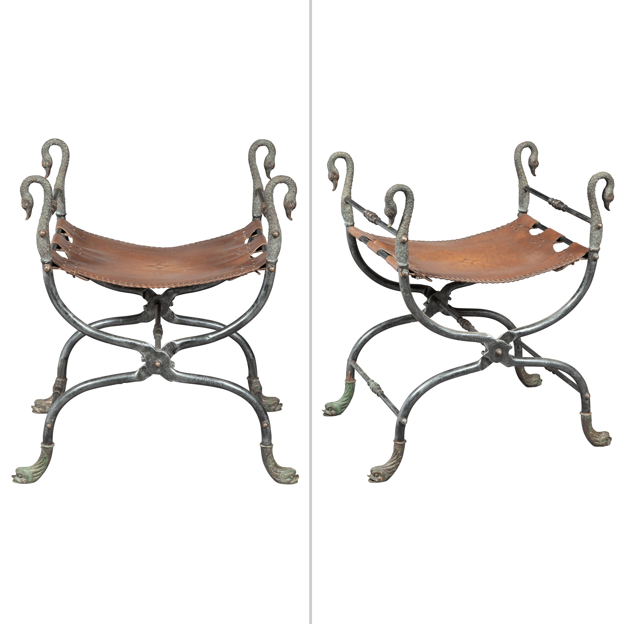Lot image - Pair of Wrought-Iron and Brass X-Form Stools