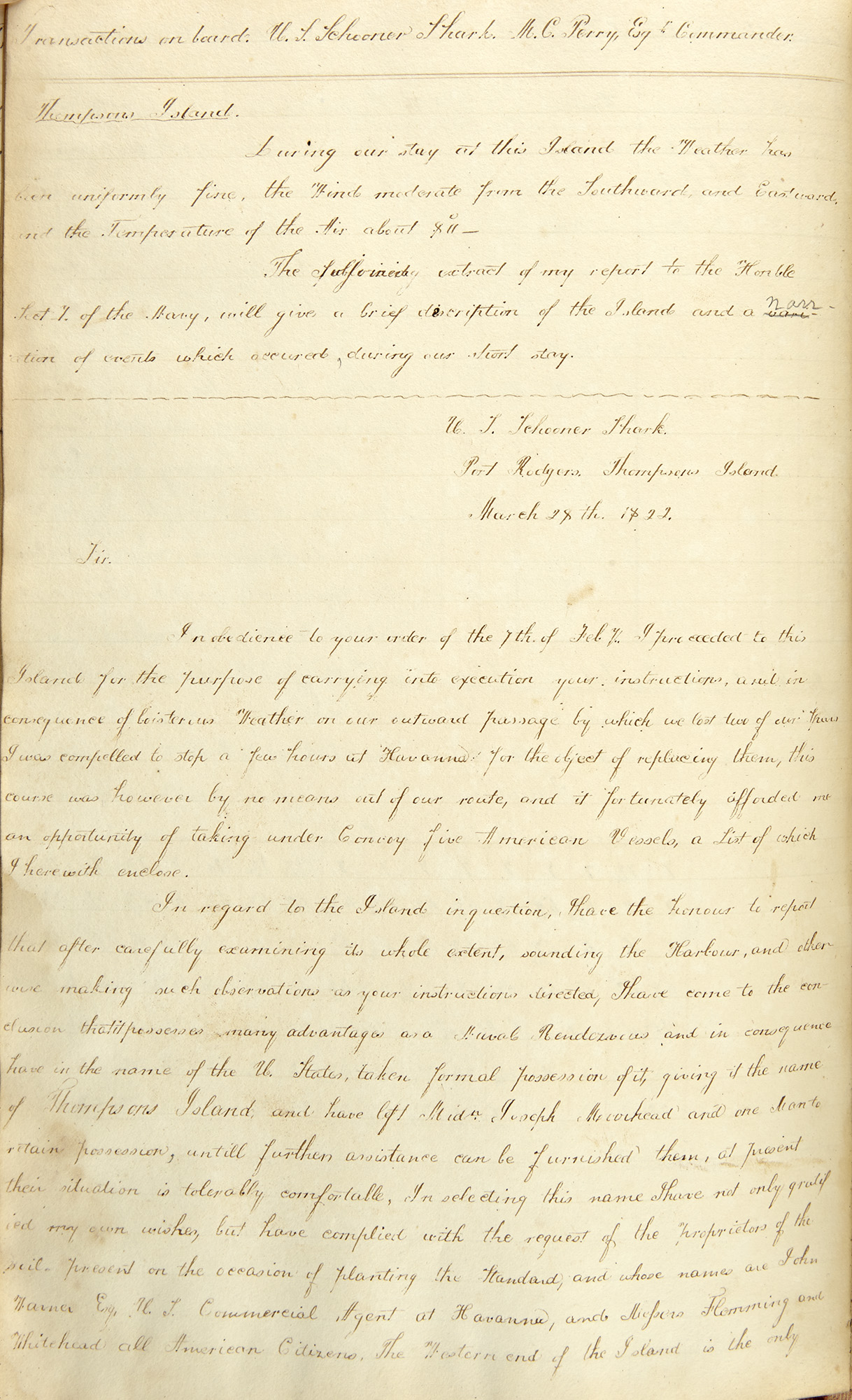 Lot image - [NAVAL LOG-FLORIDA]  PERRY, MATTHEW CALBRAITH, Lieutenant Commandant, later Commodore of the U.S. Navy. Manuscript logbook from the Schooner Shark, 15 July 1821-2 October 1822.