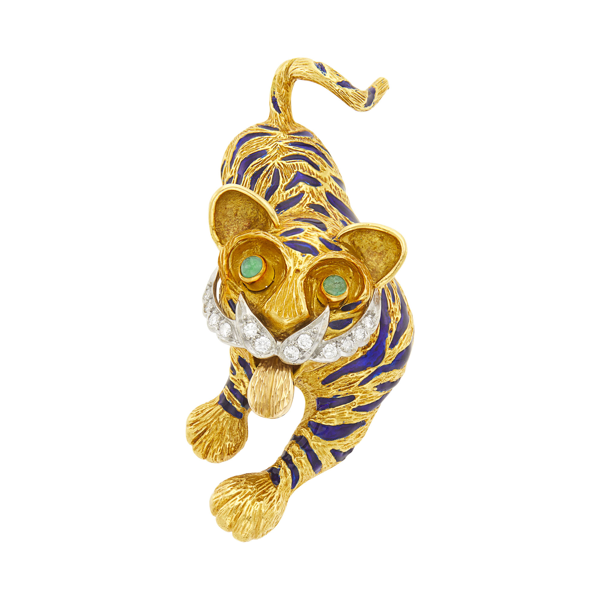 Lot image - Kutchinsky Two-Color Gold, Blue Enamel and Diamond Tiger Clip-Brooch