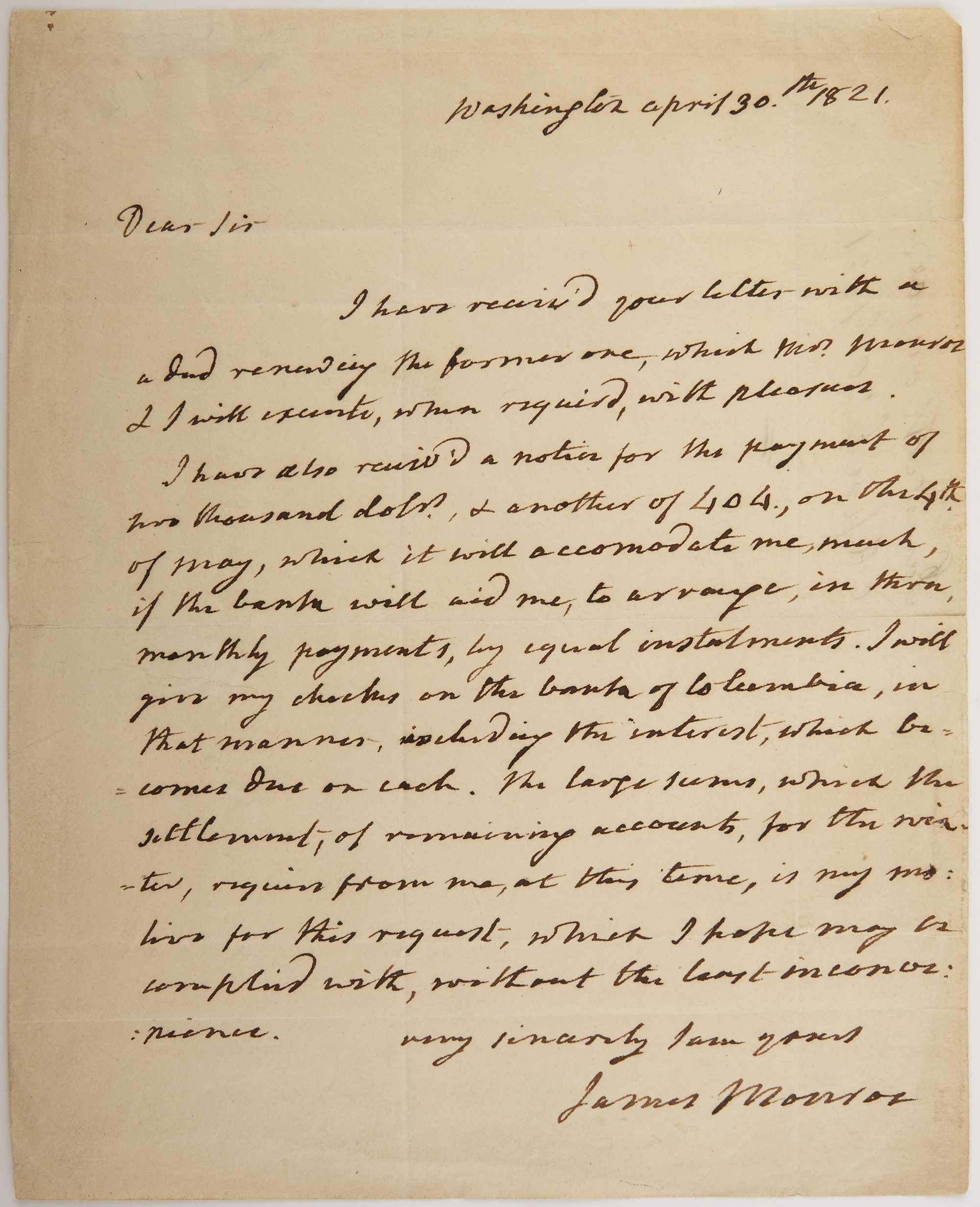 Lot image - MONROE, JAMES  Autograph letter signed as President.