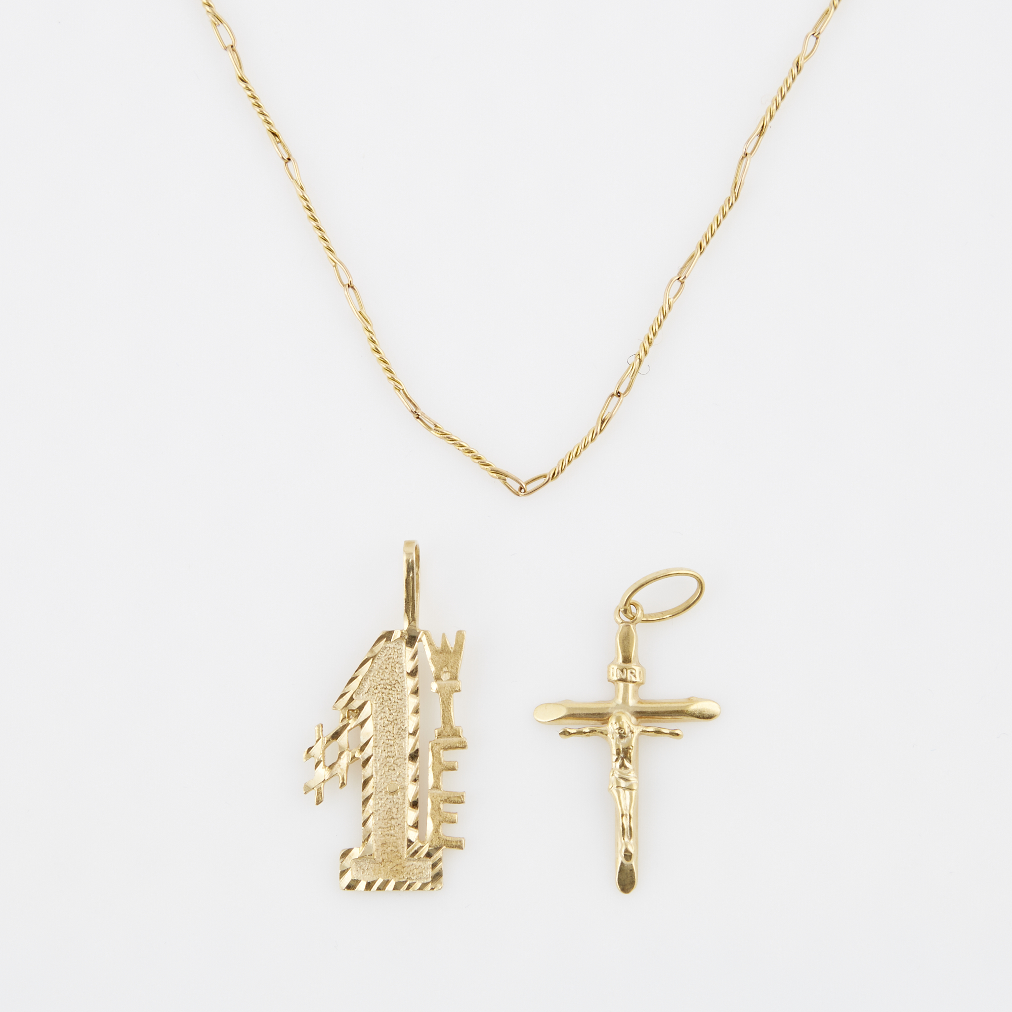 Lot image - Two Gold Pendants and Neck Chain, 14K and 10K 4 dwt. all