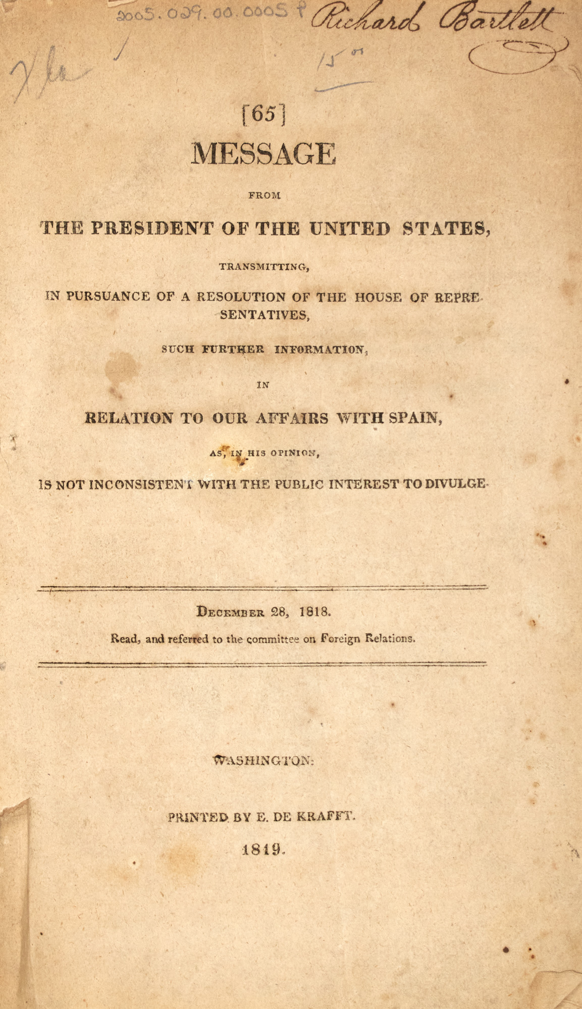Lot image - [SEMINOLE WAR] [MONROE, JAMES]. Message from the President of the United States, Transmitting, in Pursuance of a Resolution of...