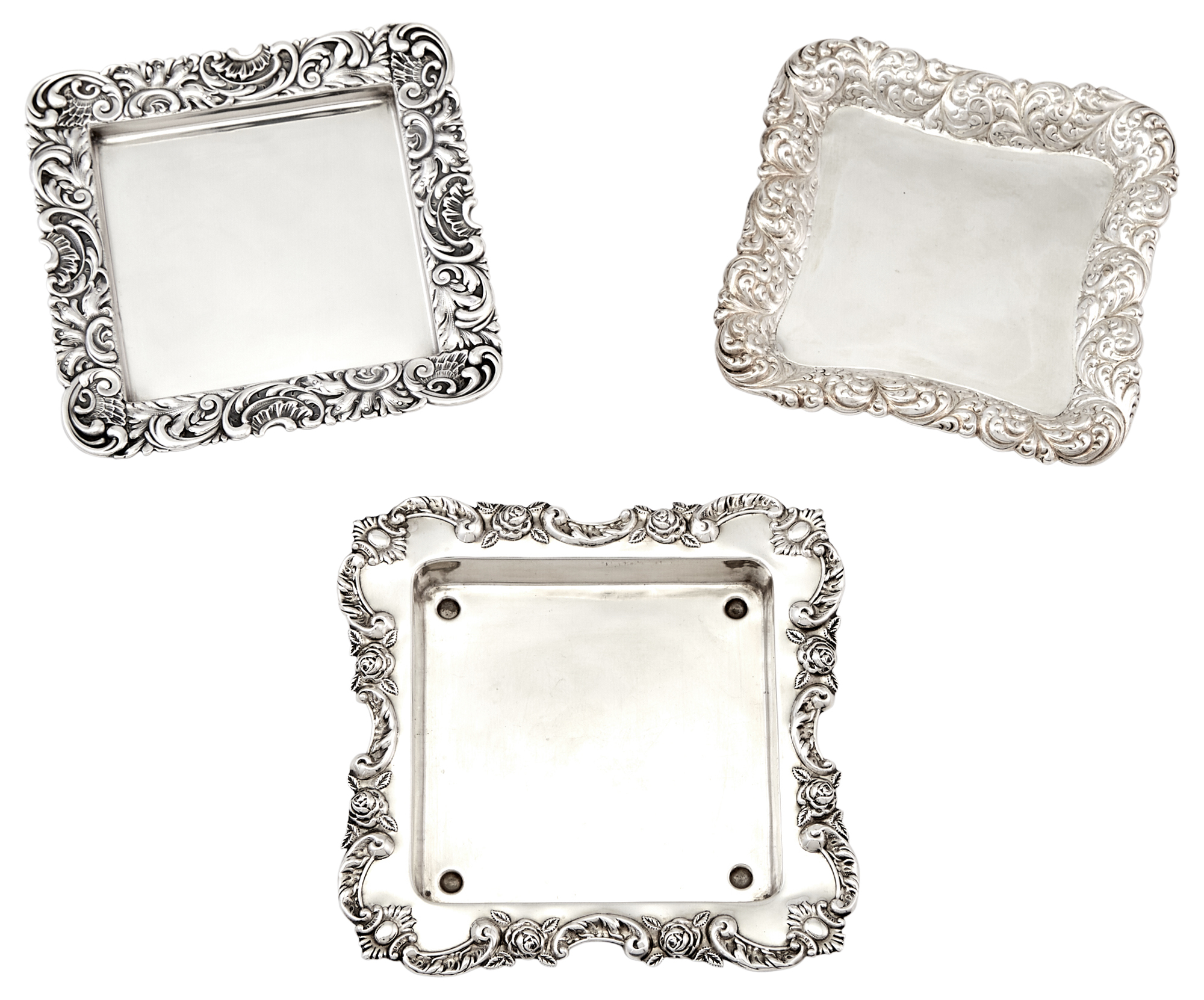 Lot image - Three American Sterling Silver Square Bottle Coasters