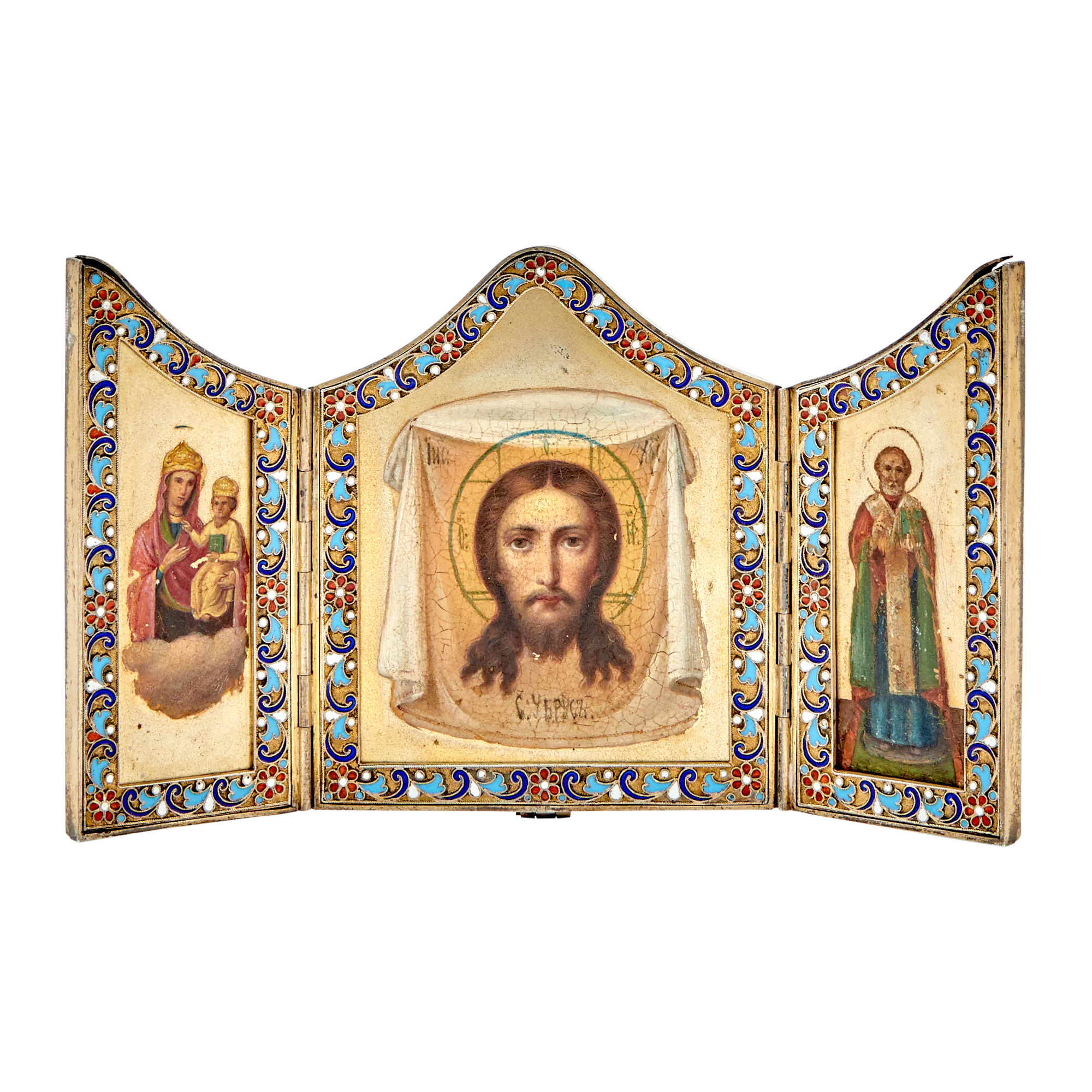 Lot image - Russian Silver-Gilt and Cloisonné Enamel Triptych Icon