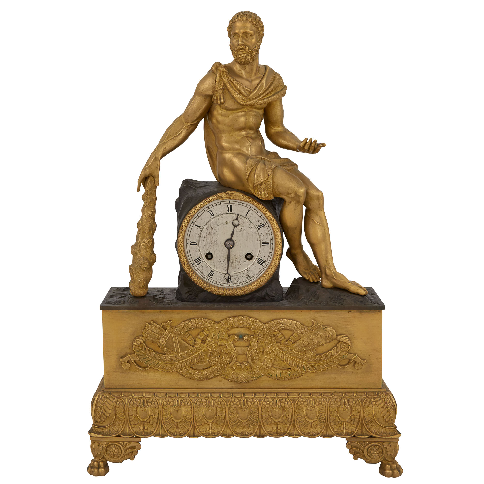 Lot image - Restauration Gilt and Patinated Metal Mantel Clock with Figure of Hercules