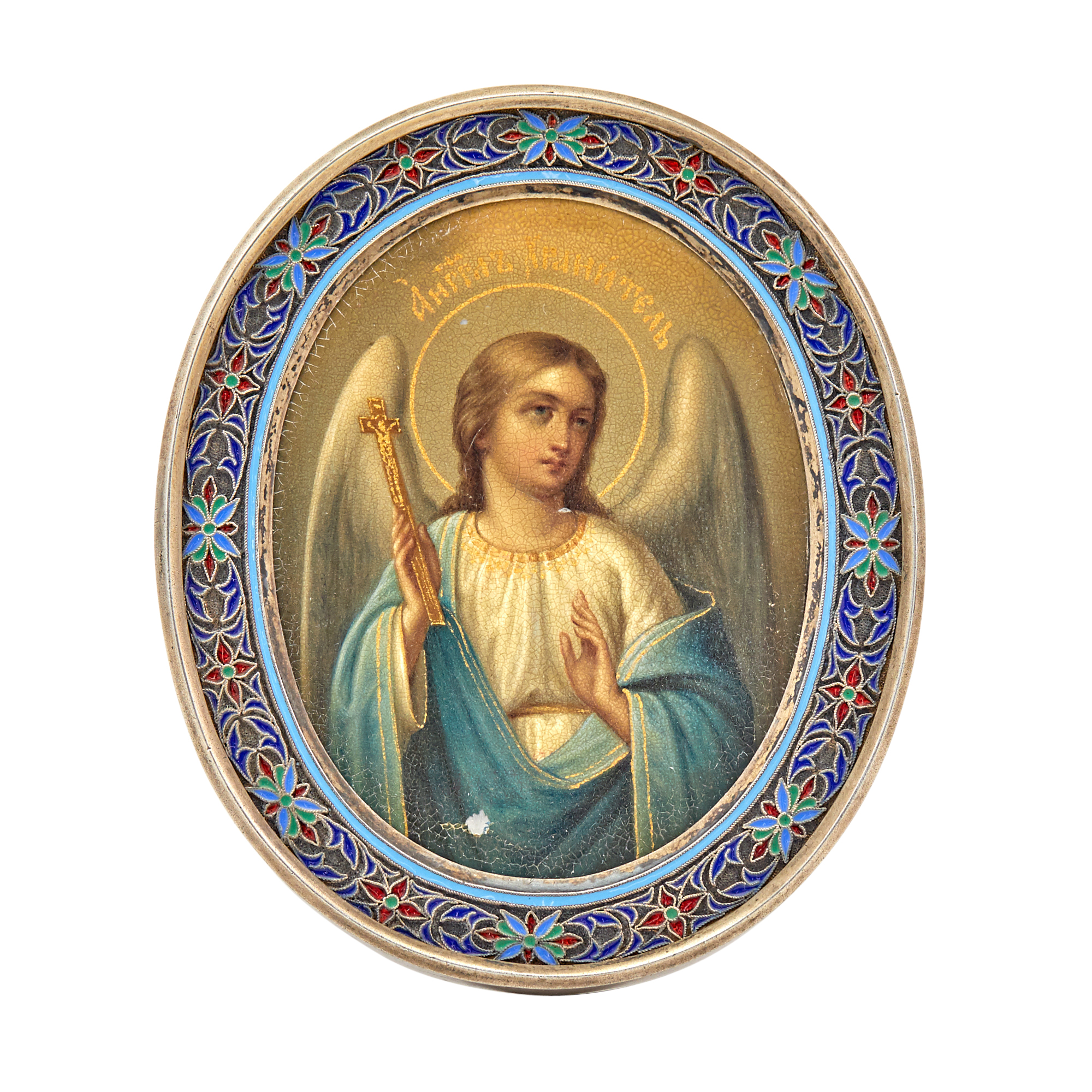 Lot image - Russian Silver-Gilt and Cloisonné Enamel Icon of the Guardian Angel