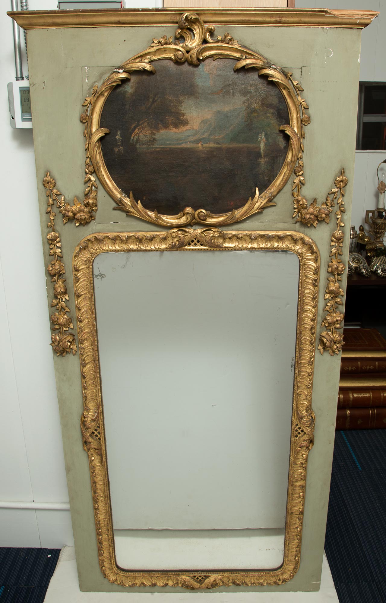 Lot image - Louis XVI Style Painted and Parcel-Gilt Trumeau Mirror