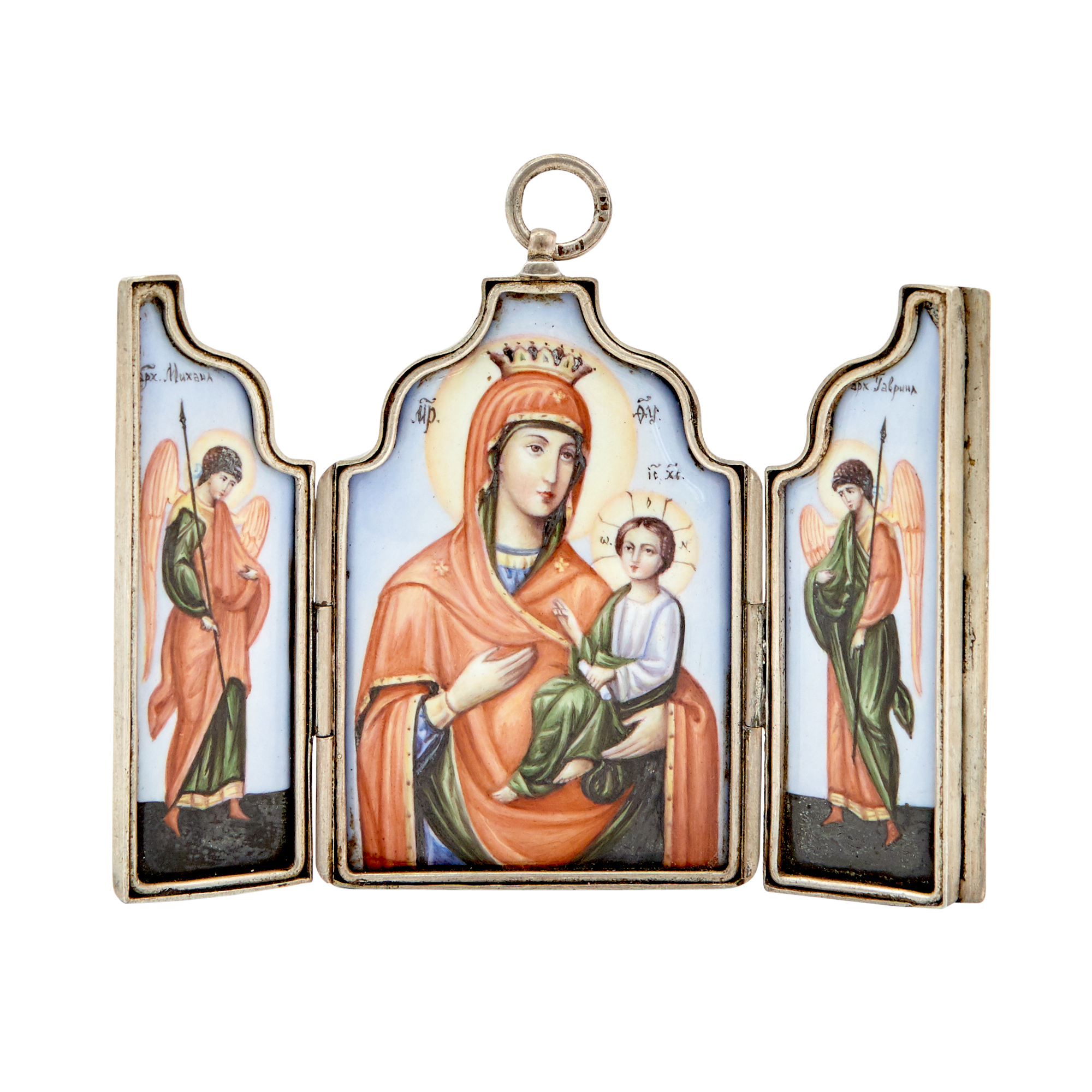 Lot image - Russian Silver and Enamel Triptych Icon