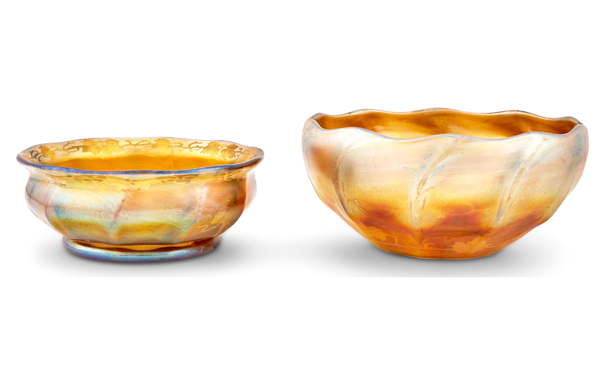 Lot image - Two Tiffany Wheel-Engraved Gold Favrile Ribed Glass Bowls