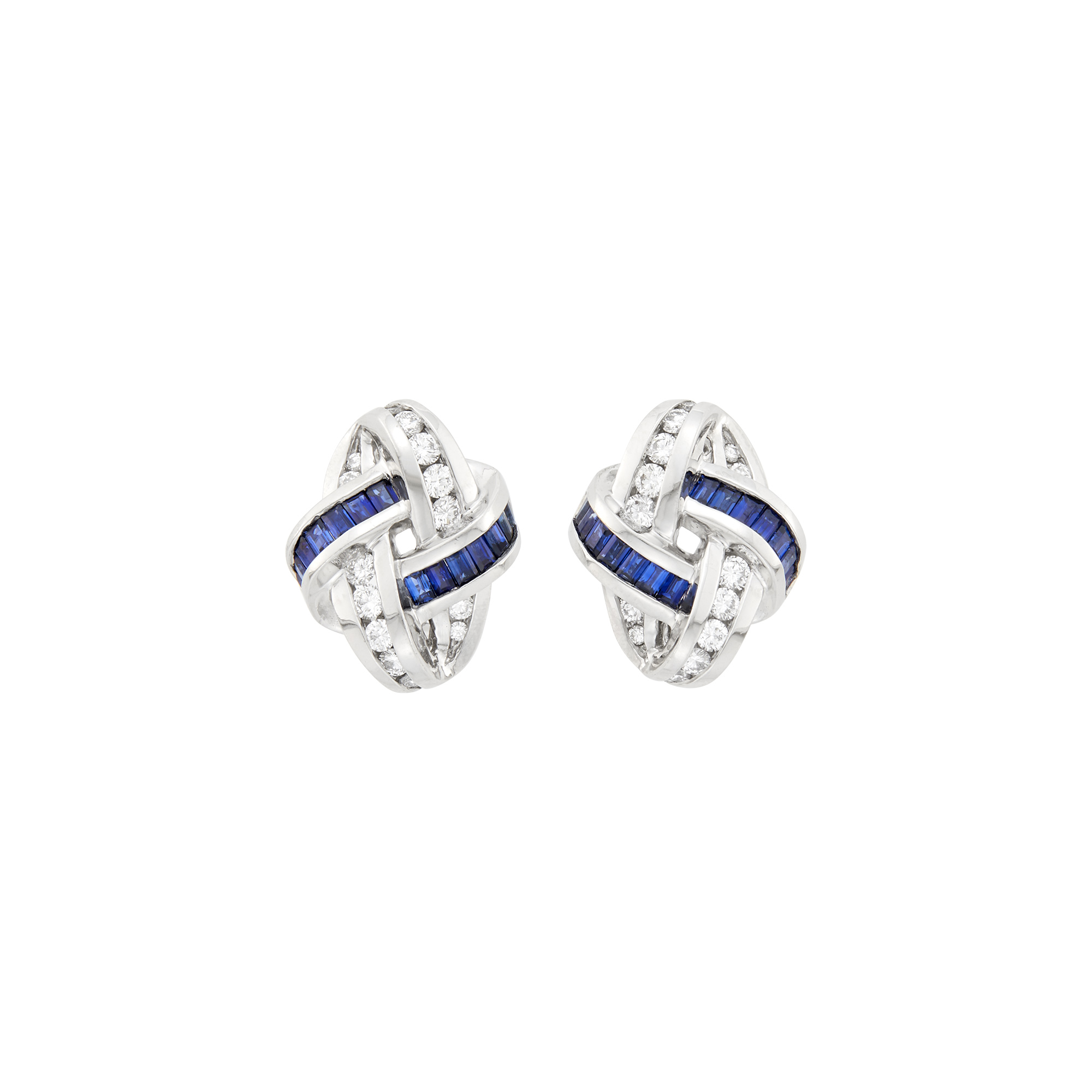 Lot image - Pair of Platinum, Sapphire and Diamond Knot Earrings