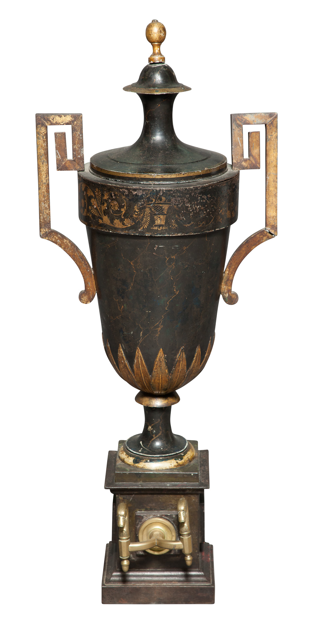 Lot image - Continental Marbleized Tôle-Peinte, Parcel-Gilt and Brass Wall Cistern