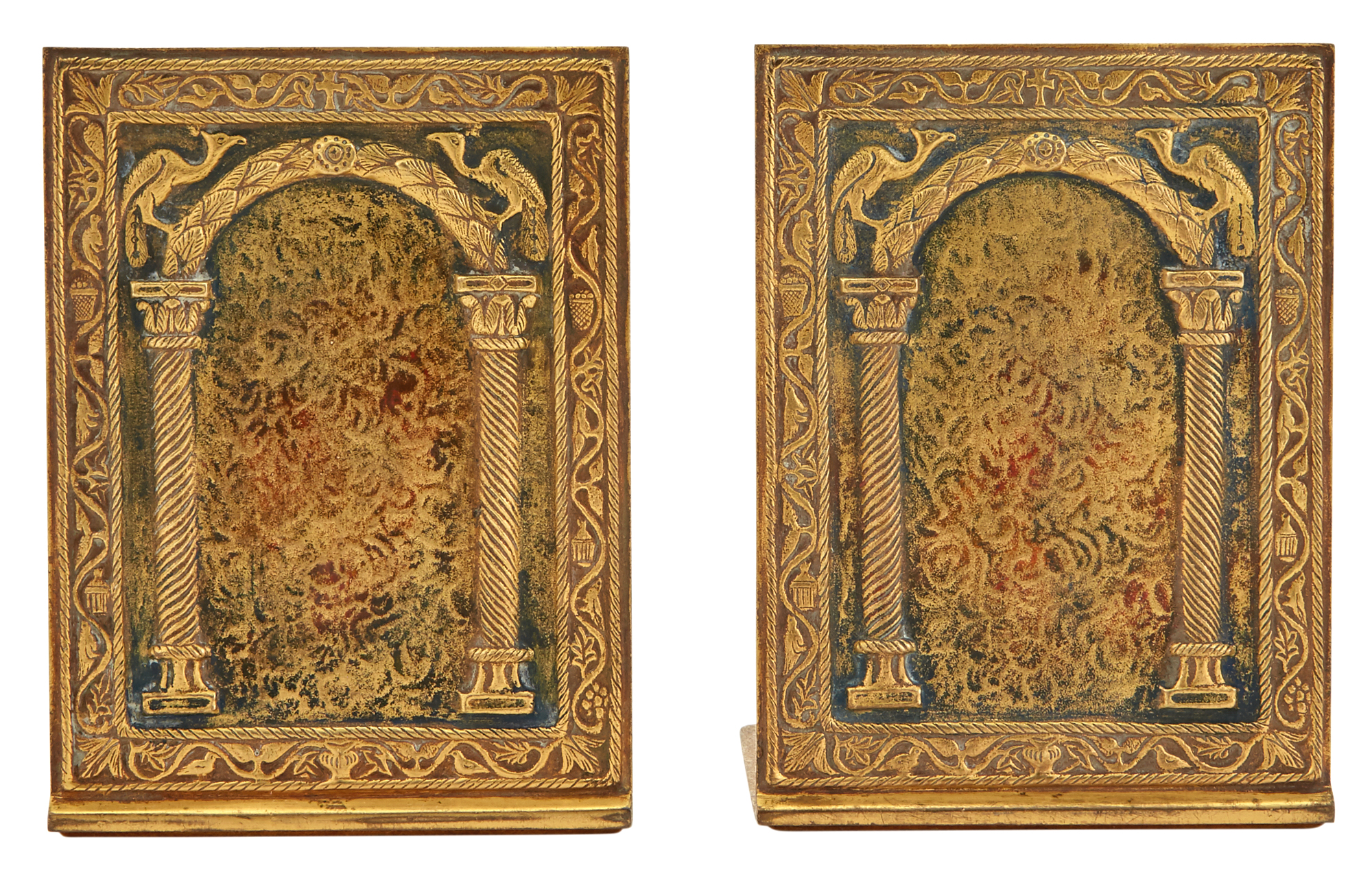 Lot image - Pair of Tiffany Studios Enameled Bronze Peacock Portal