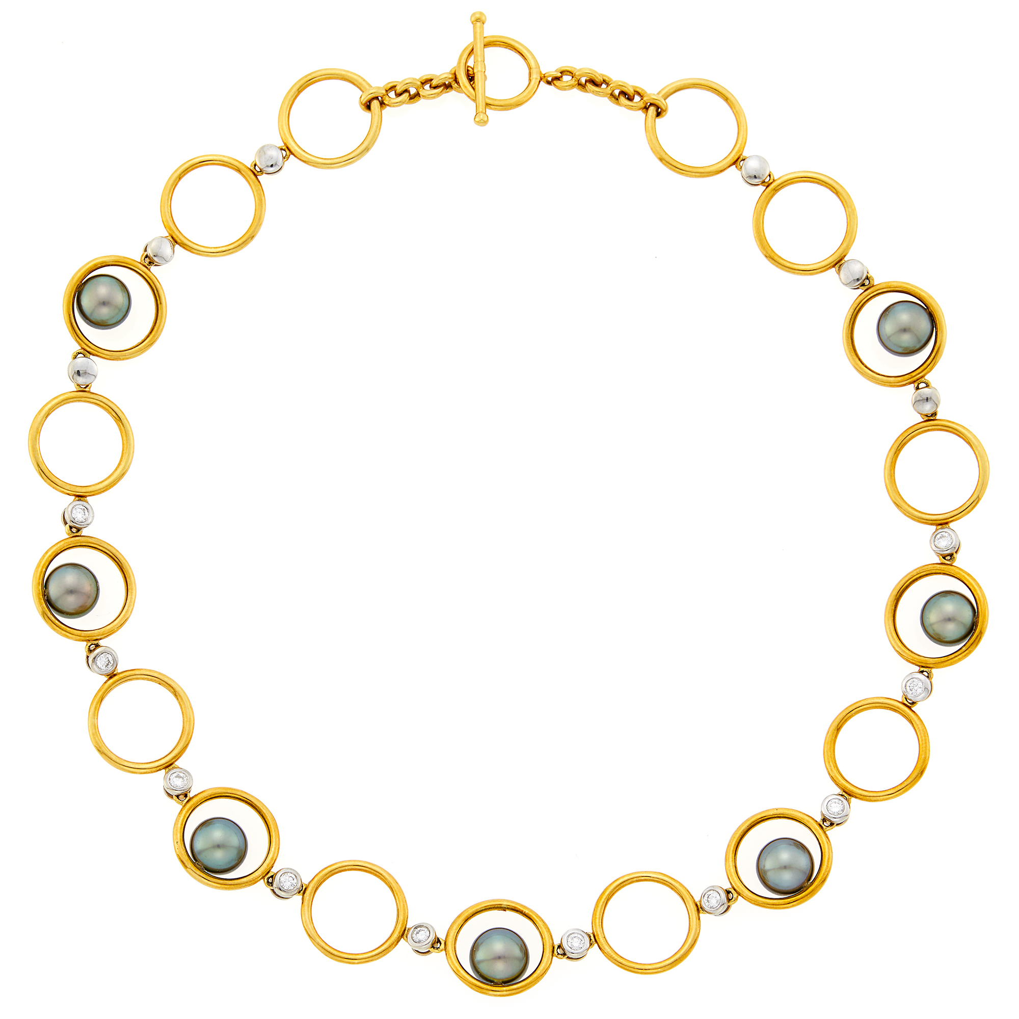 Lot image - Two-Color Gold, Gray Tahitian Cultured Pearl and Diamond Necklace with Toggle Clasp