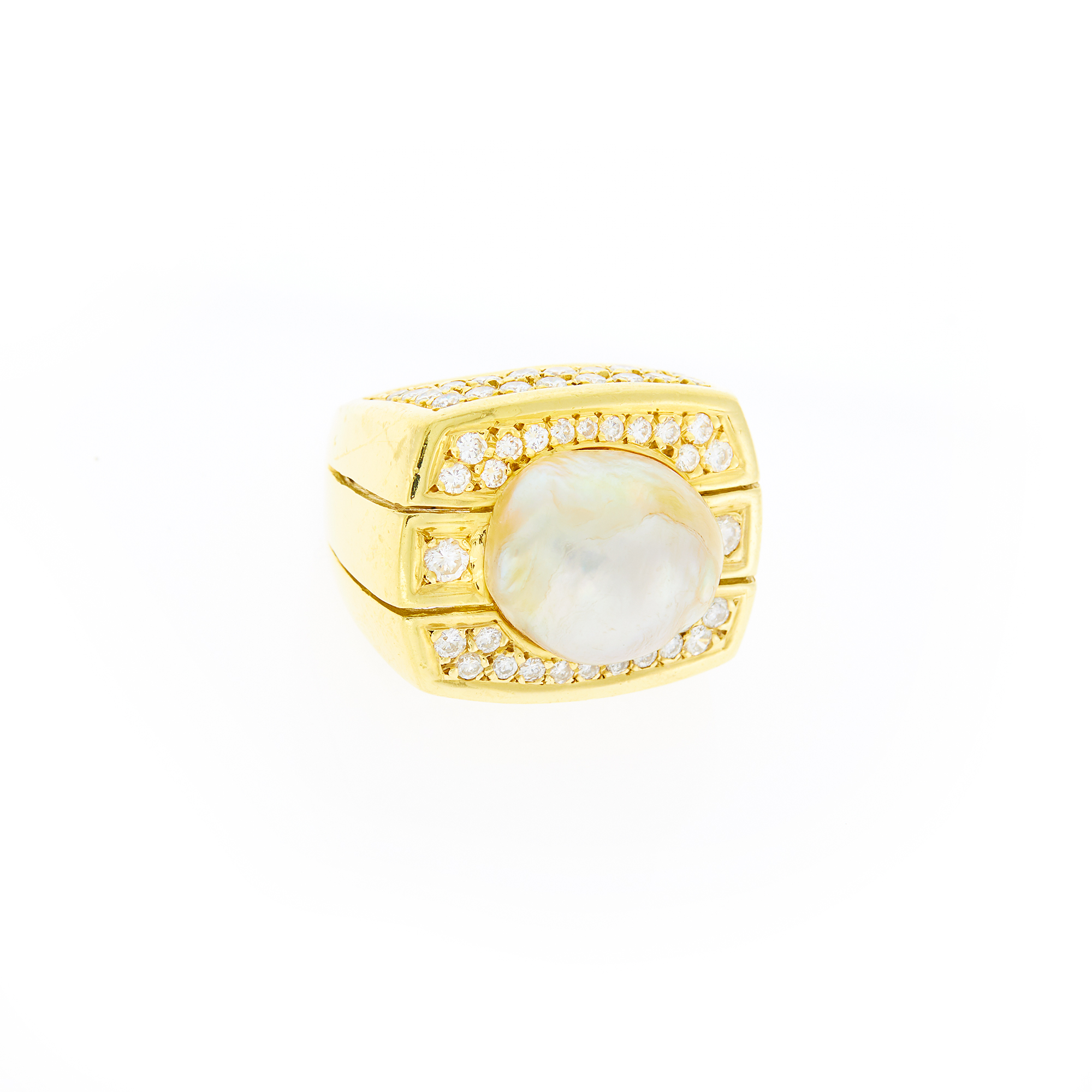 Lot image - Gold, Baroque Cultured Pearl and Diamond Ring