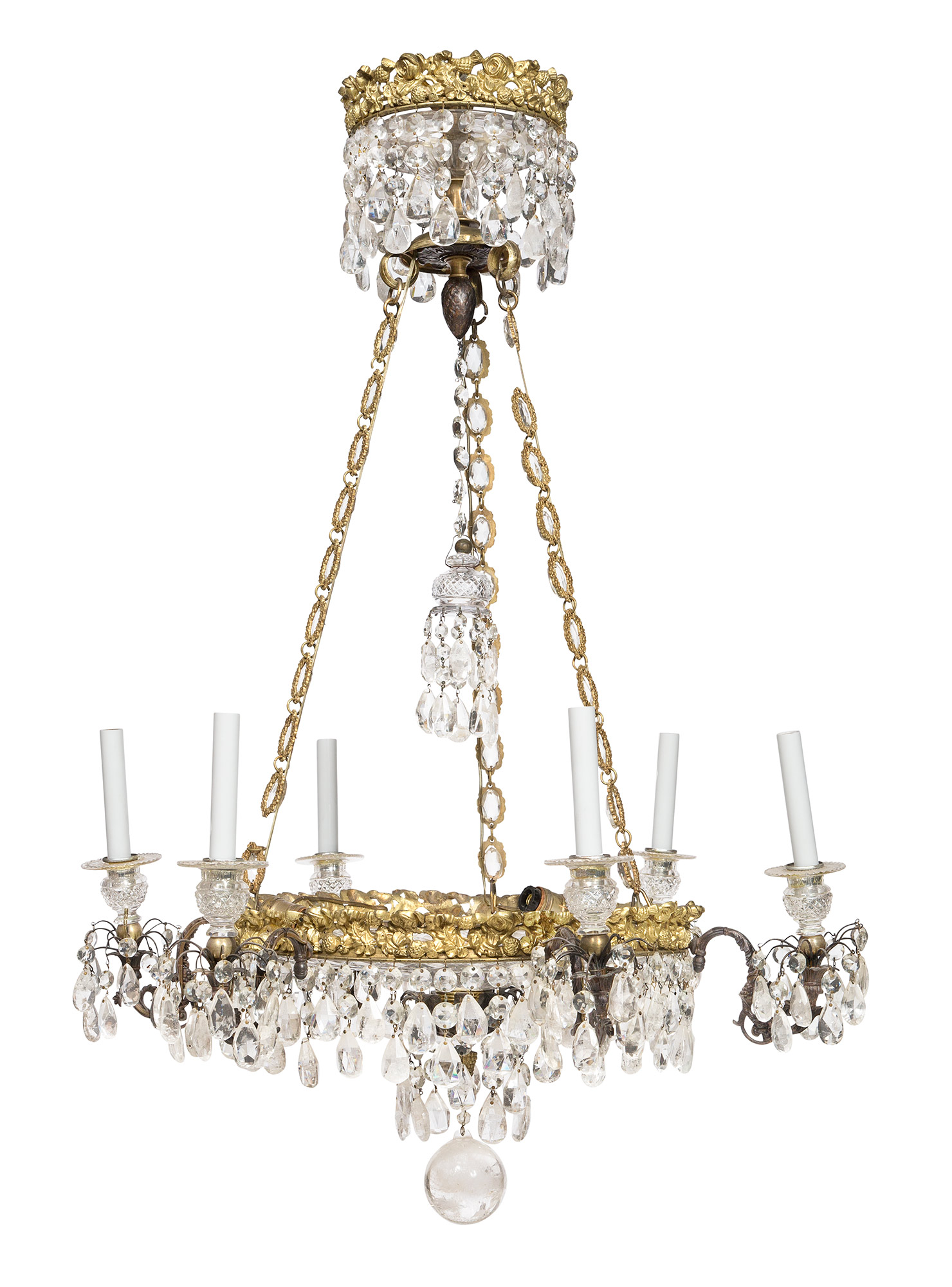 Lot image - Regency Style Rock Crystal, Cut-Glass and Gilt- and Patinated-Bronze Six-Light Chandelier