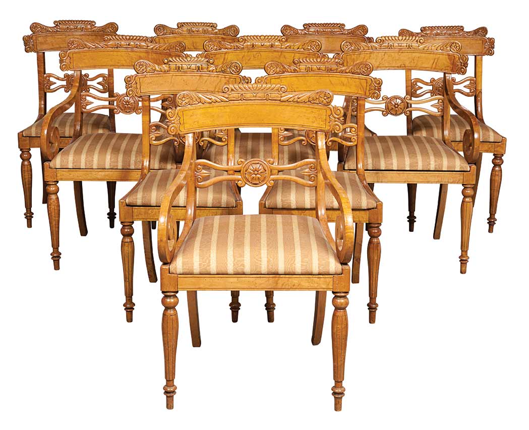 Lot image - Set of Ten Russian Karelian Birch Dining Chairs