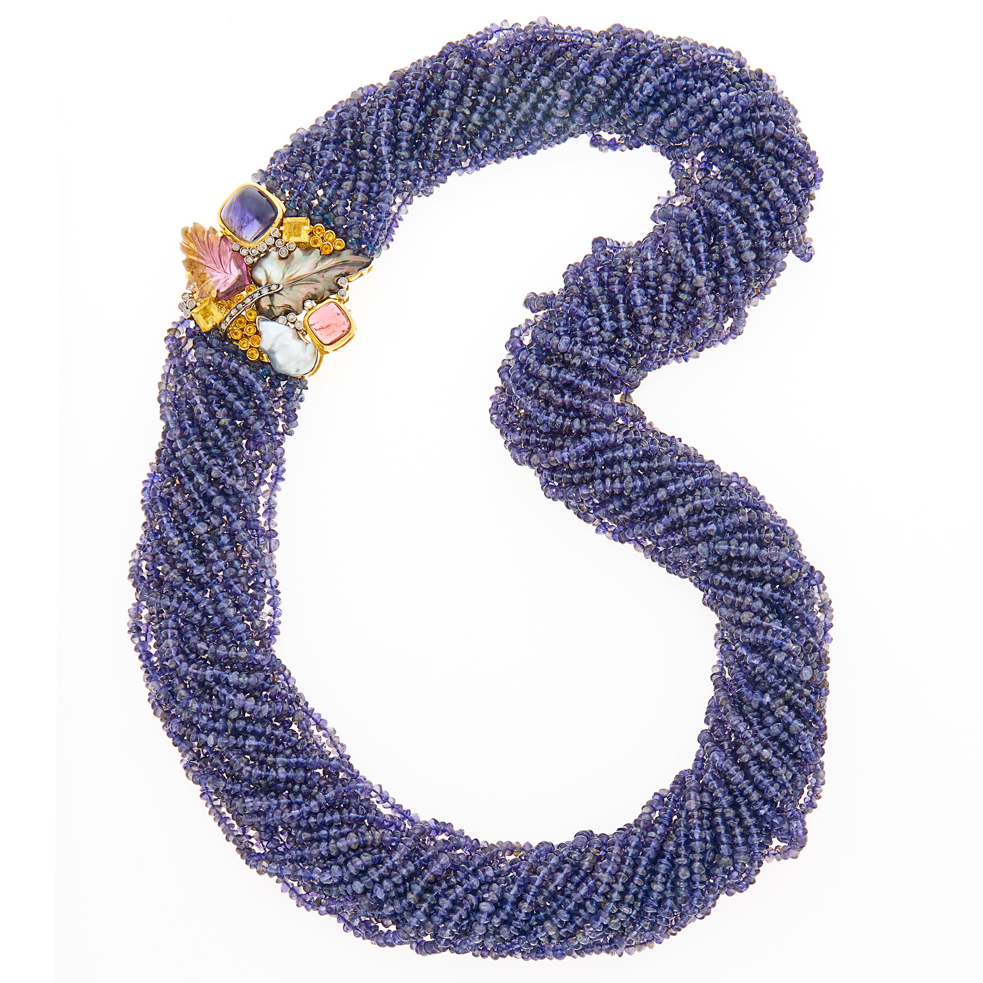 Lot image - Puttini Long Multistrand Tanzanite Bead Torsade Necklace with Gold, Gem-Set and Baroque Cultured Pearl Brooch-Clasp