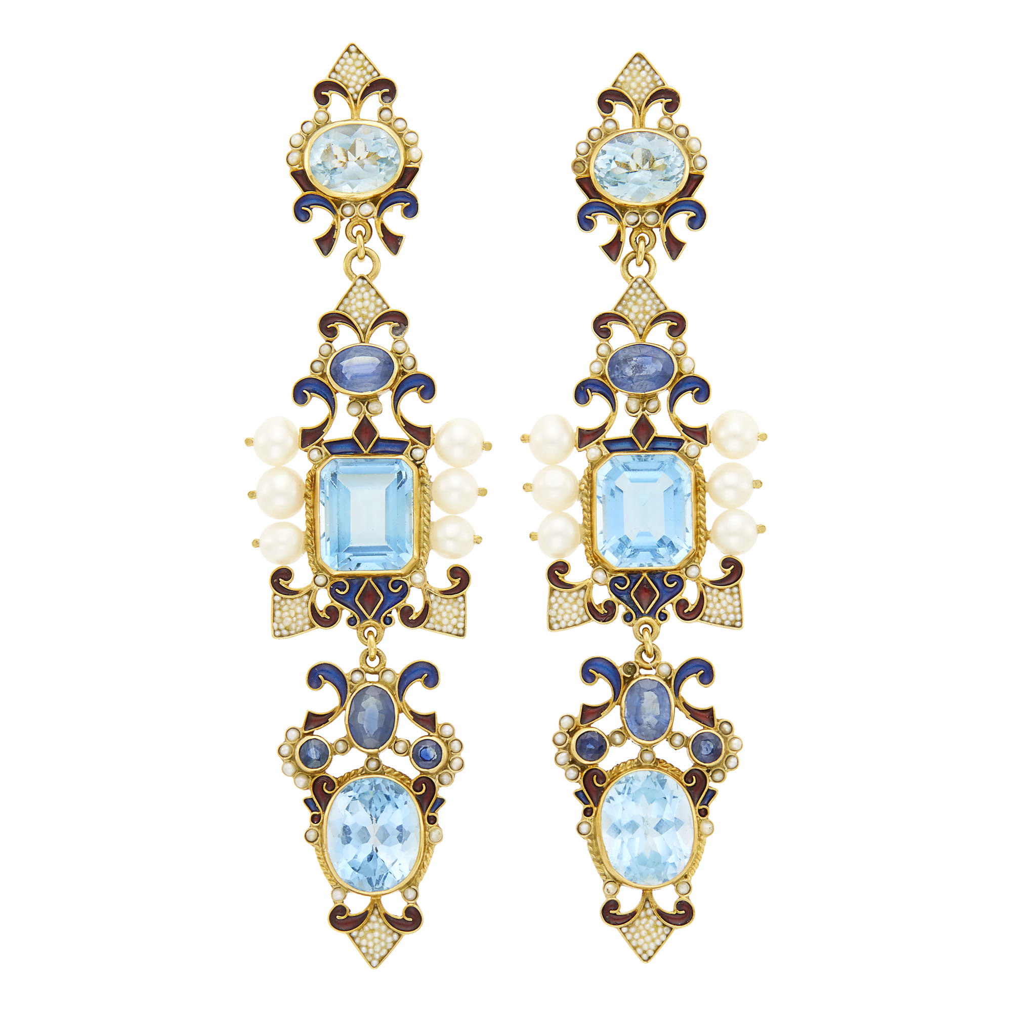 Lot image - Percossi Papi Pair of Gold, Blue Topaz, Freshwater and Split Pearl, Sapphire and Enamel Pendant-Earrings